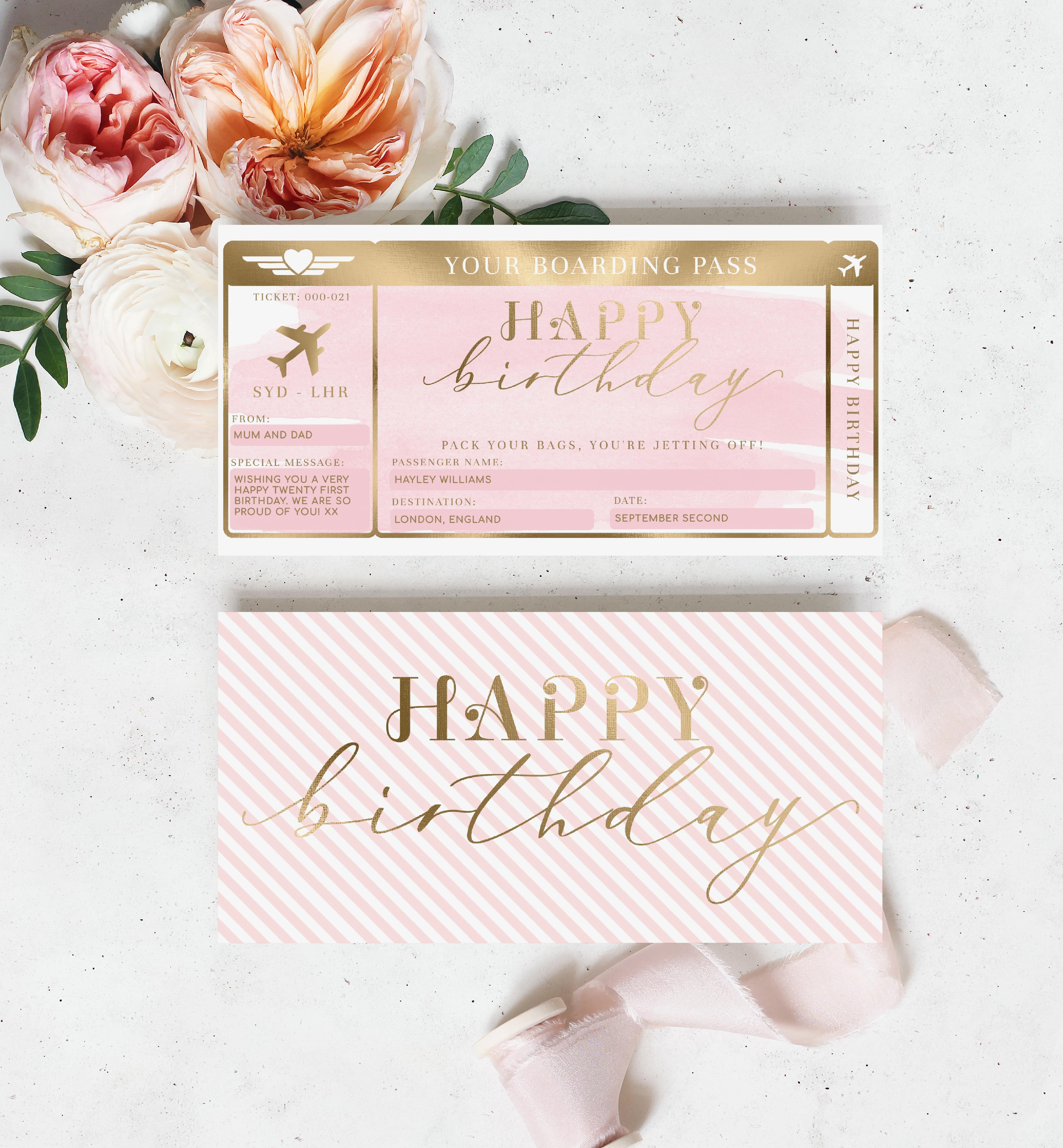 WAT-PNK-14-B1488 - WATERCOLOUR PINK - GOLD - HAPPY BIRTHDAY BOARDING PASS design preview