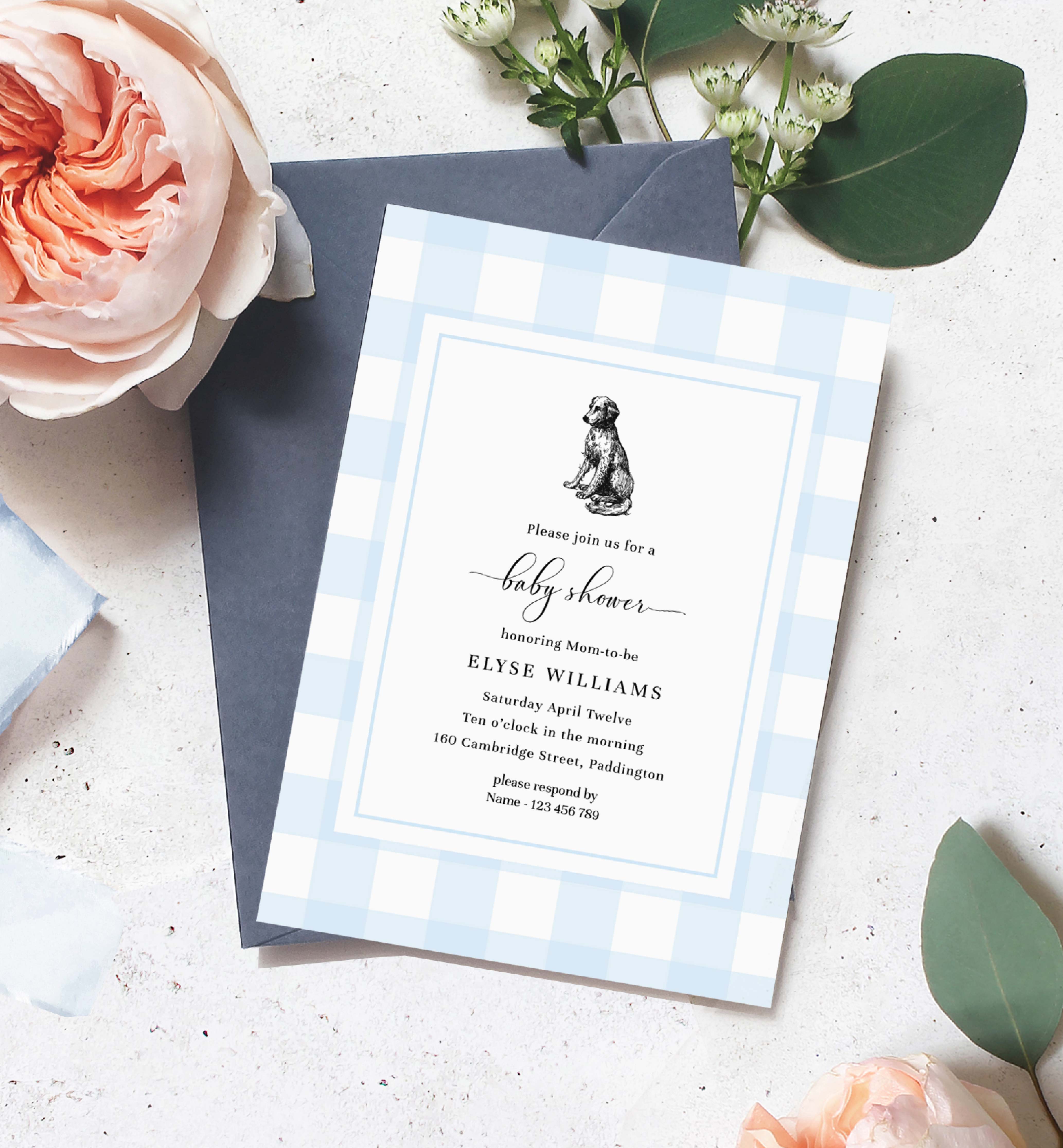 GIN-BLU-1-B2848 - GINGHAM - BLUE - DOG BABY SHOWER INVITATION design preview
