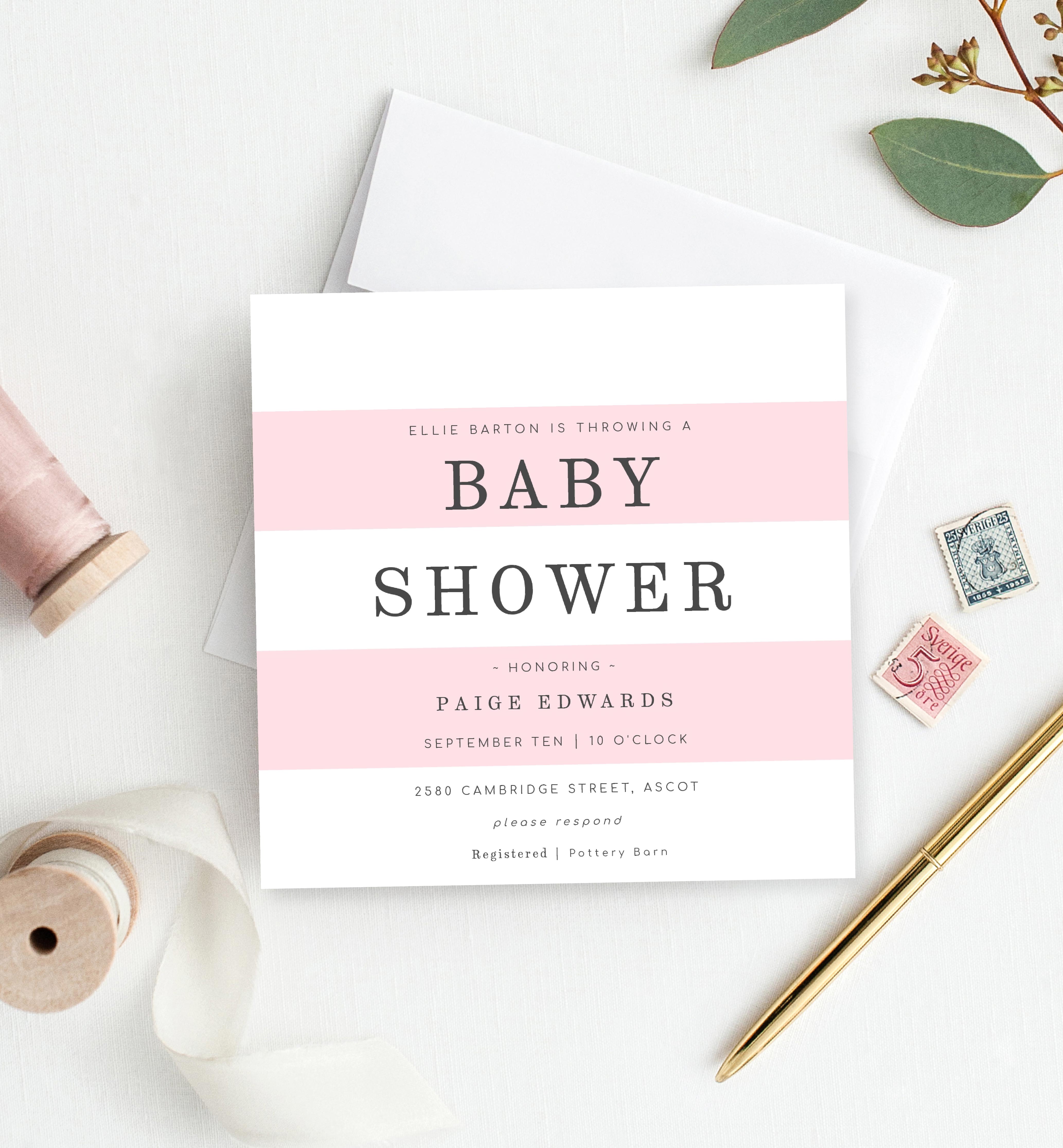 STR-PNK-1-B424 - STRIPED - PINK - BABY SHOWER INVITATION design preview