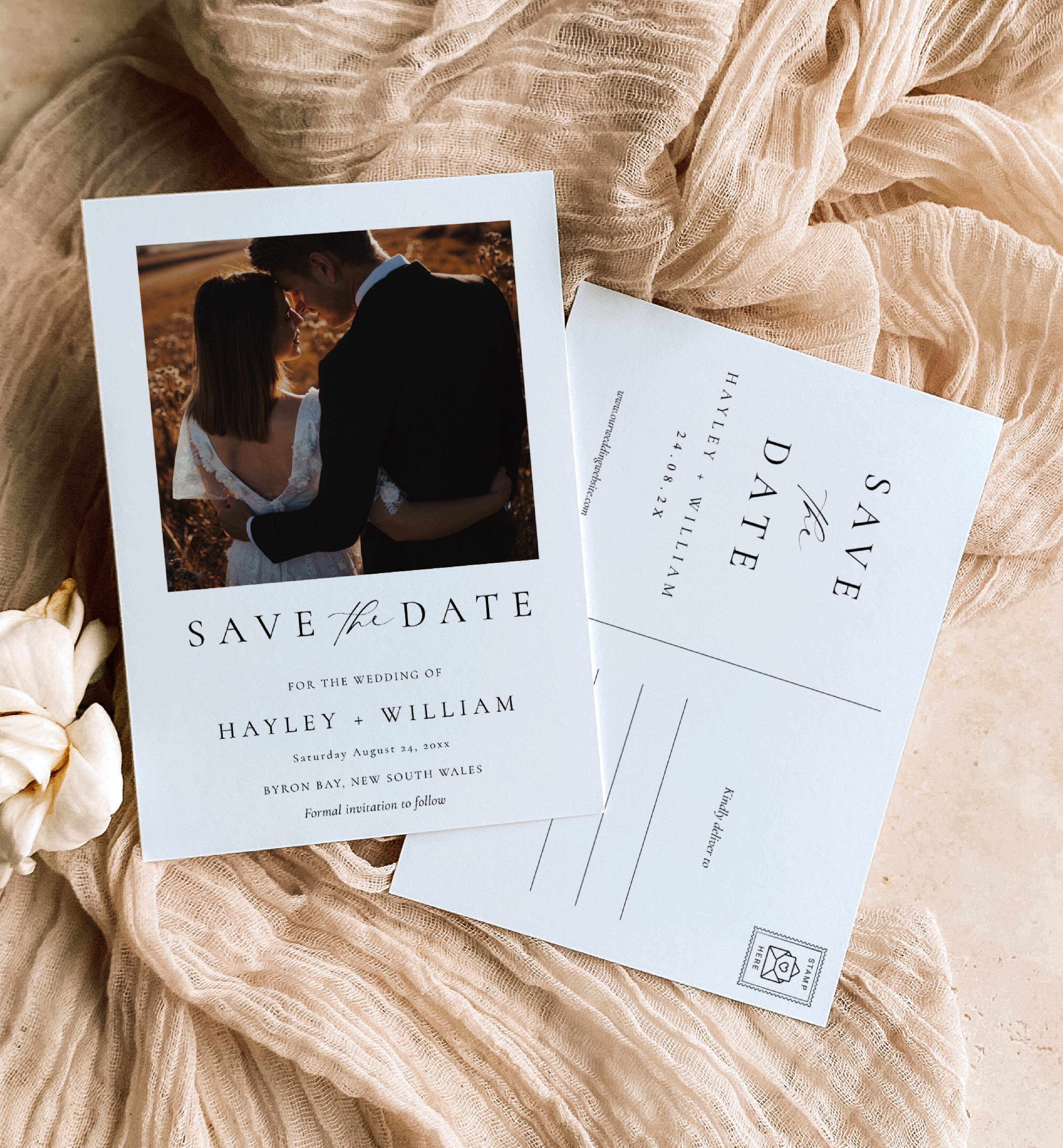ELE-WHT-1-B2862 - ELLESMERE - WHITE - SAVE THE DATE PHOTO POSTCARD design preview
