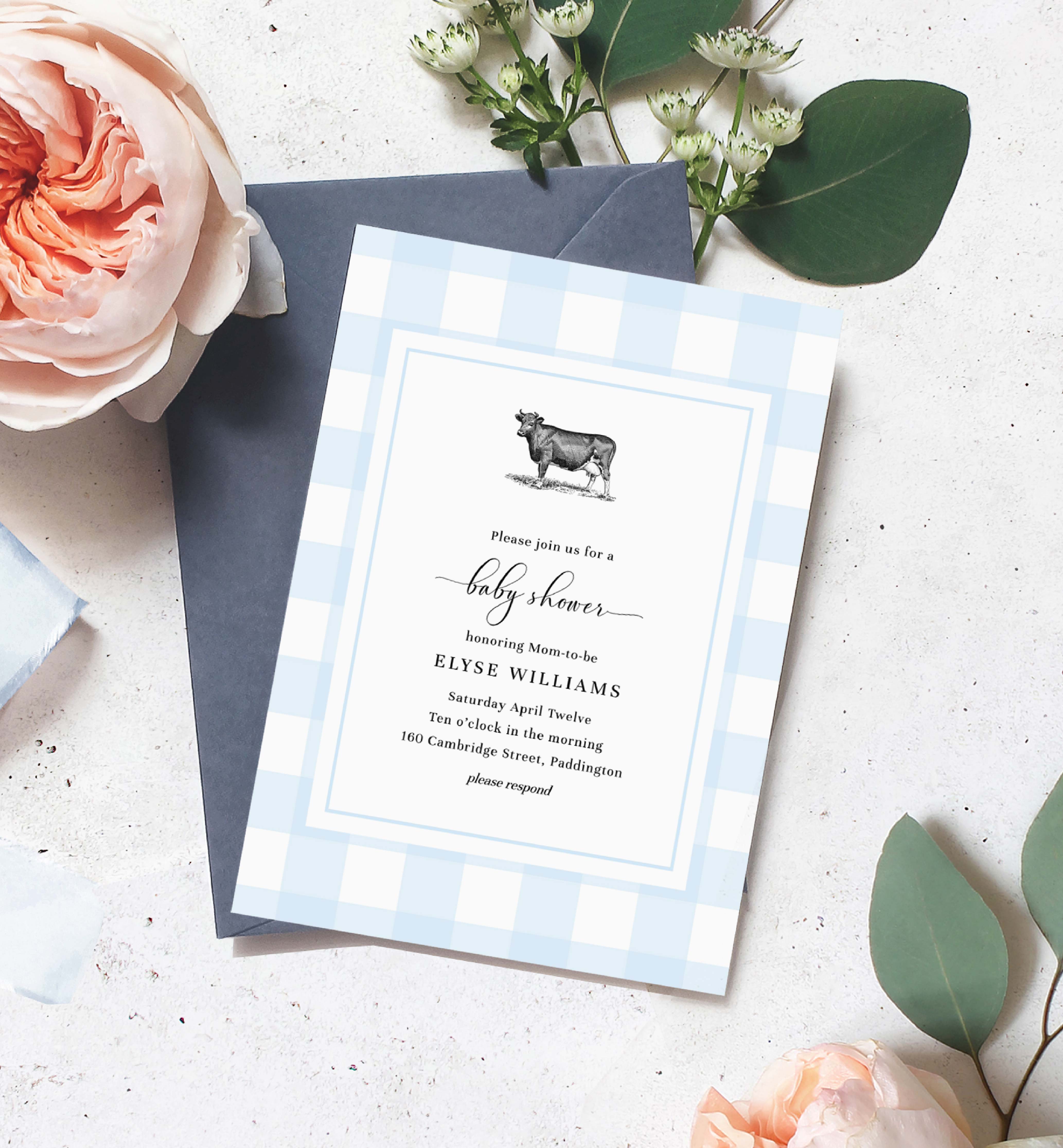 GIN-BLU-1-B2847 - GINGHAM - BLUE - COW BABY SHOWER INVITATION design preview