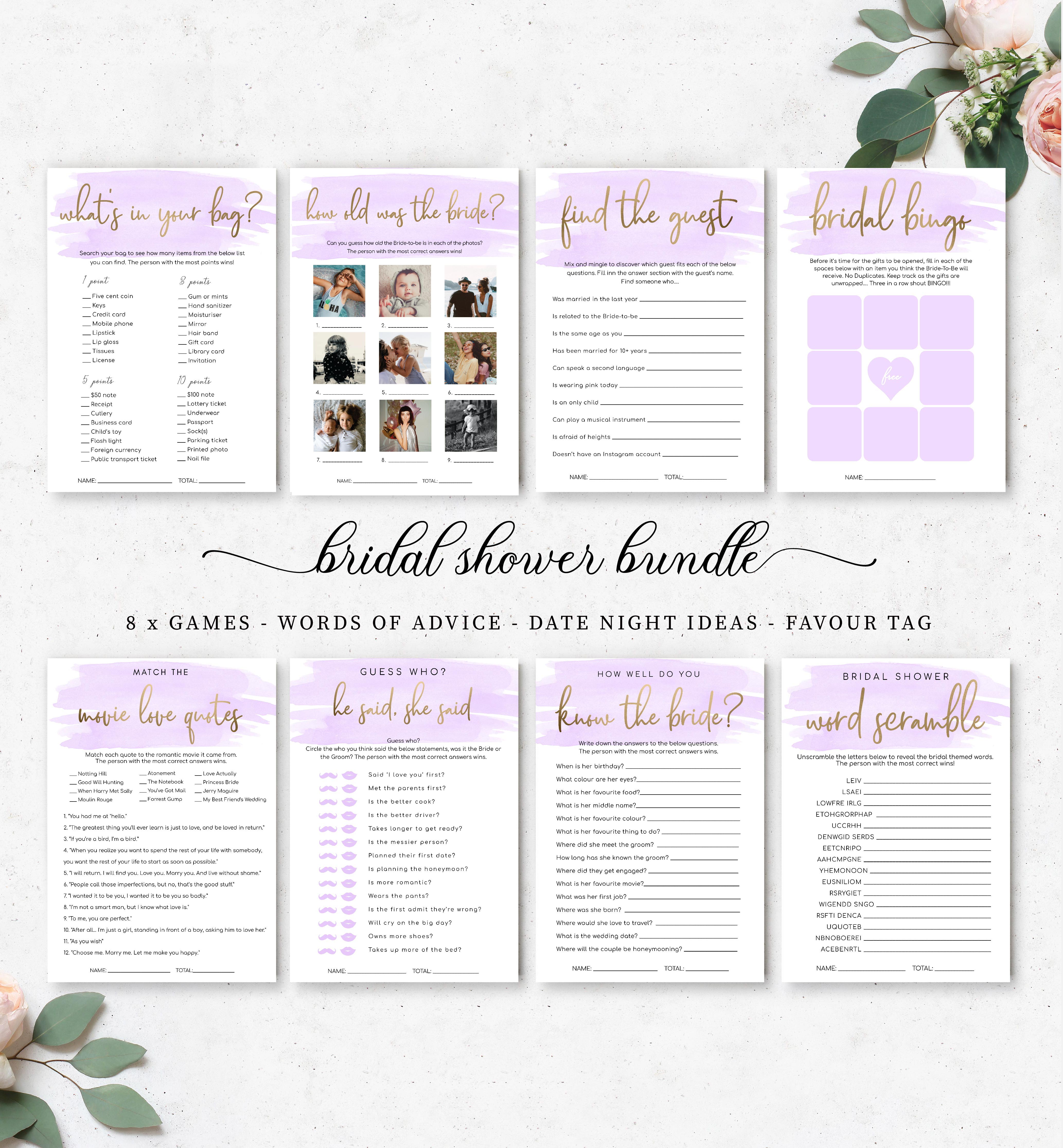 WAT-PUR-10-B593 - WATERCOLOUR PURPLE - GOLD FOIL - BRIDAL SHOWER GAMES BUNDLE design preview