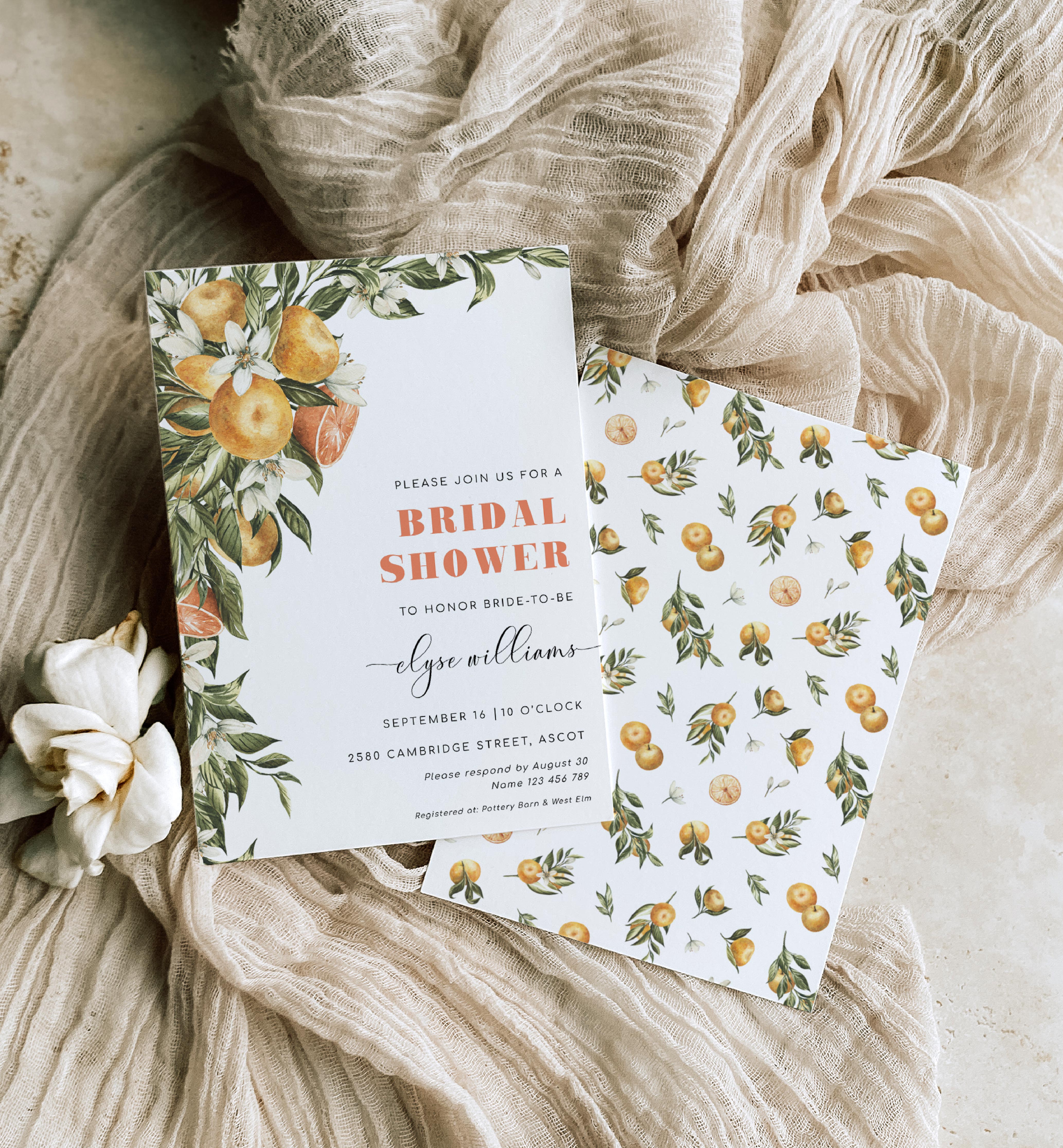 CLM-WHT-1-B2113 - CLEMENTINE - WHITE - BRIDAL SHOWER INVITATION design preview
