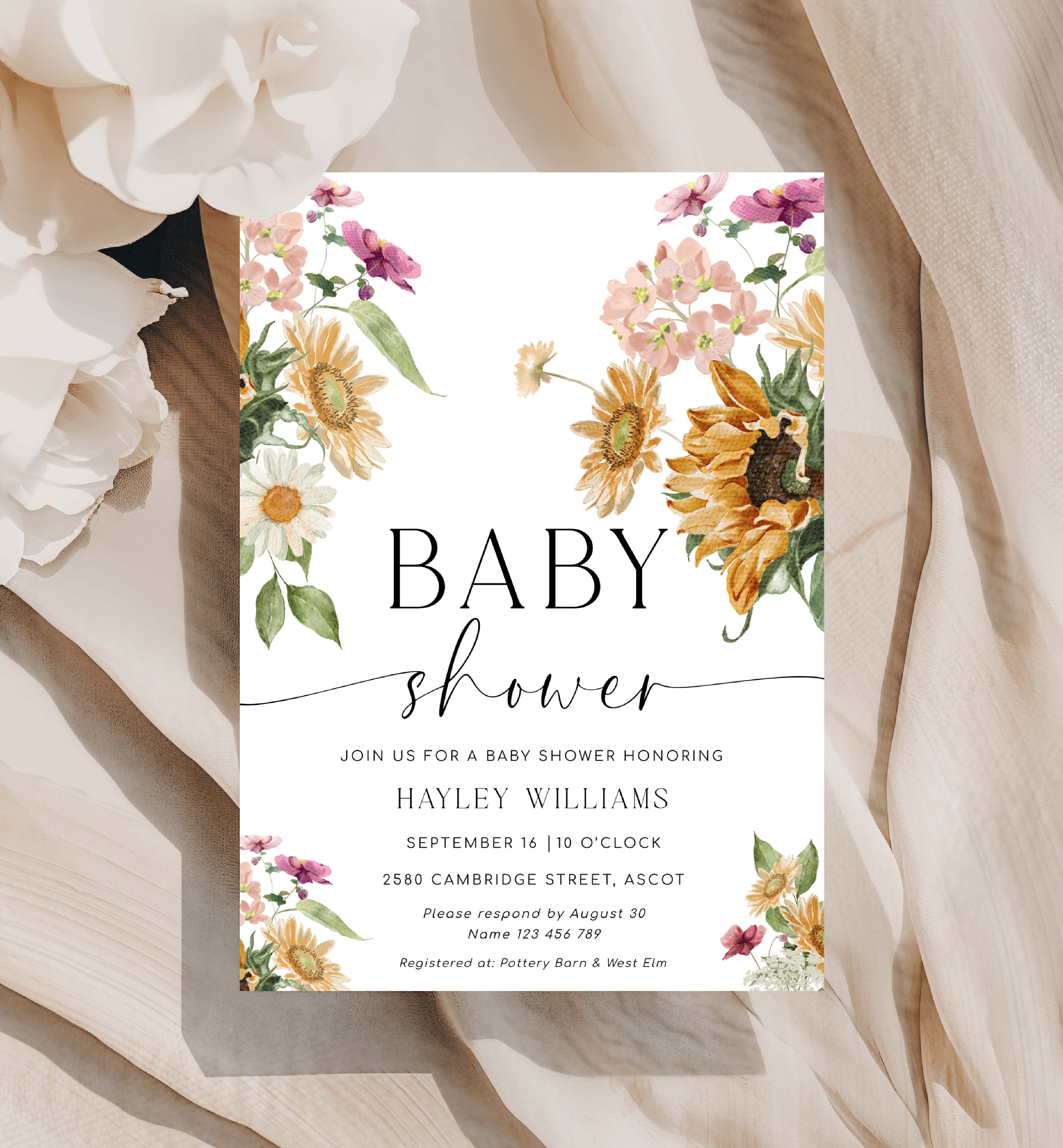 MEW-WHT-1-B3336 - MEWS FLORAL - WHITE - BABY SHOWER INVITATION design preview