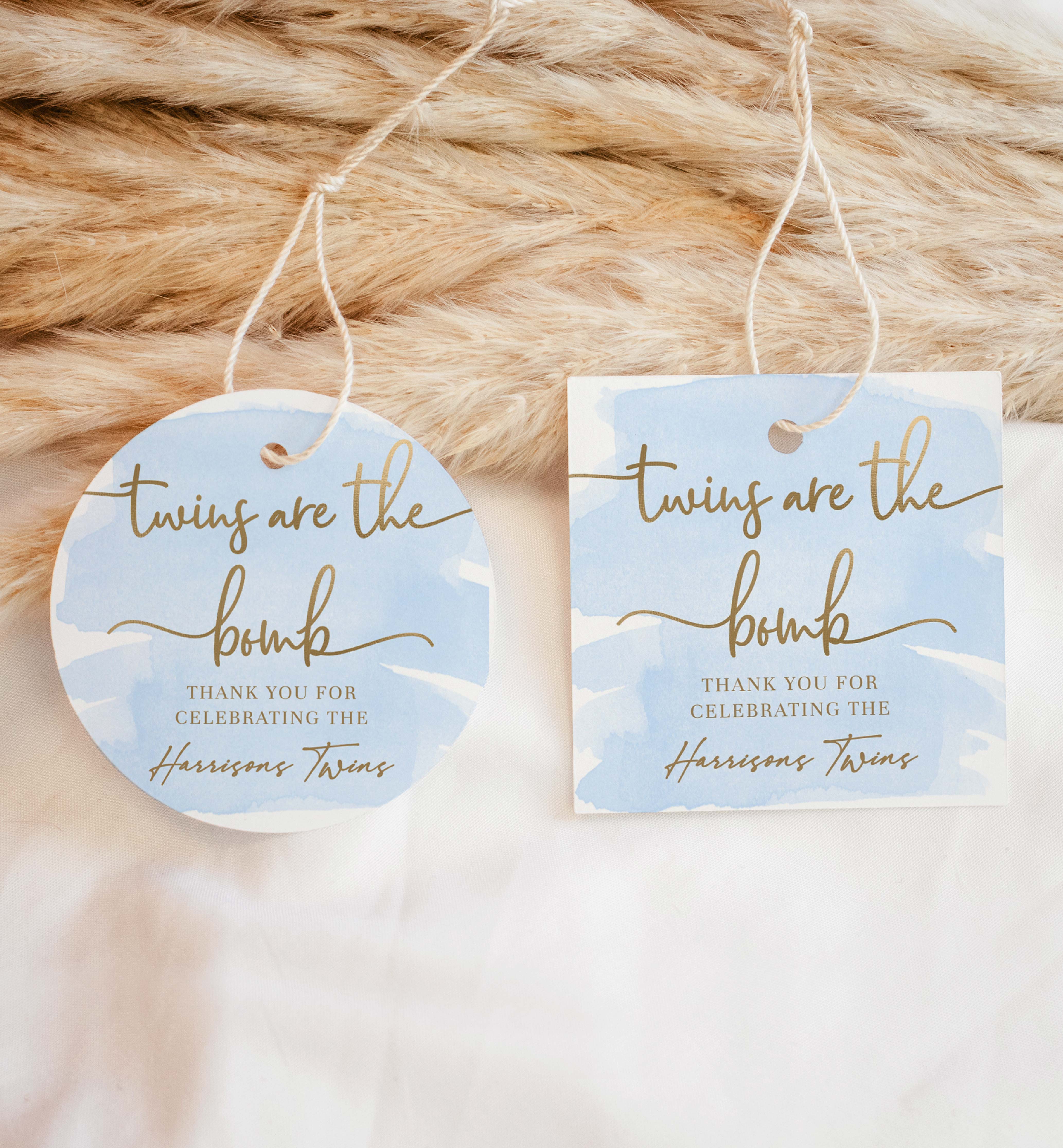 WAT-BLU-6-B2825 - WATERCOLOUR BLUE - GOLD - TWINS ARE THE BOMB TAG design preview