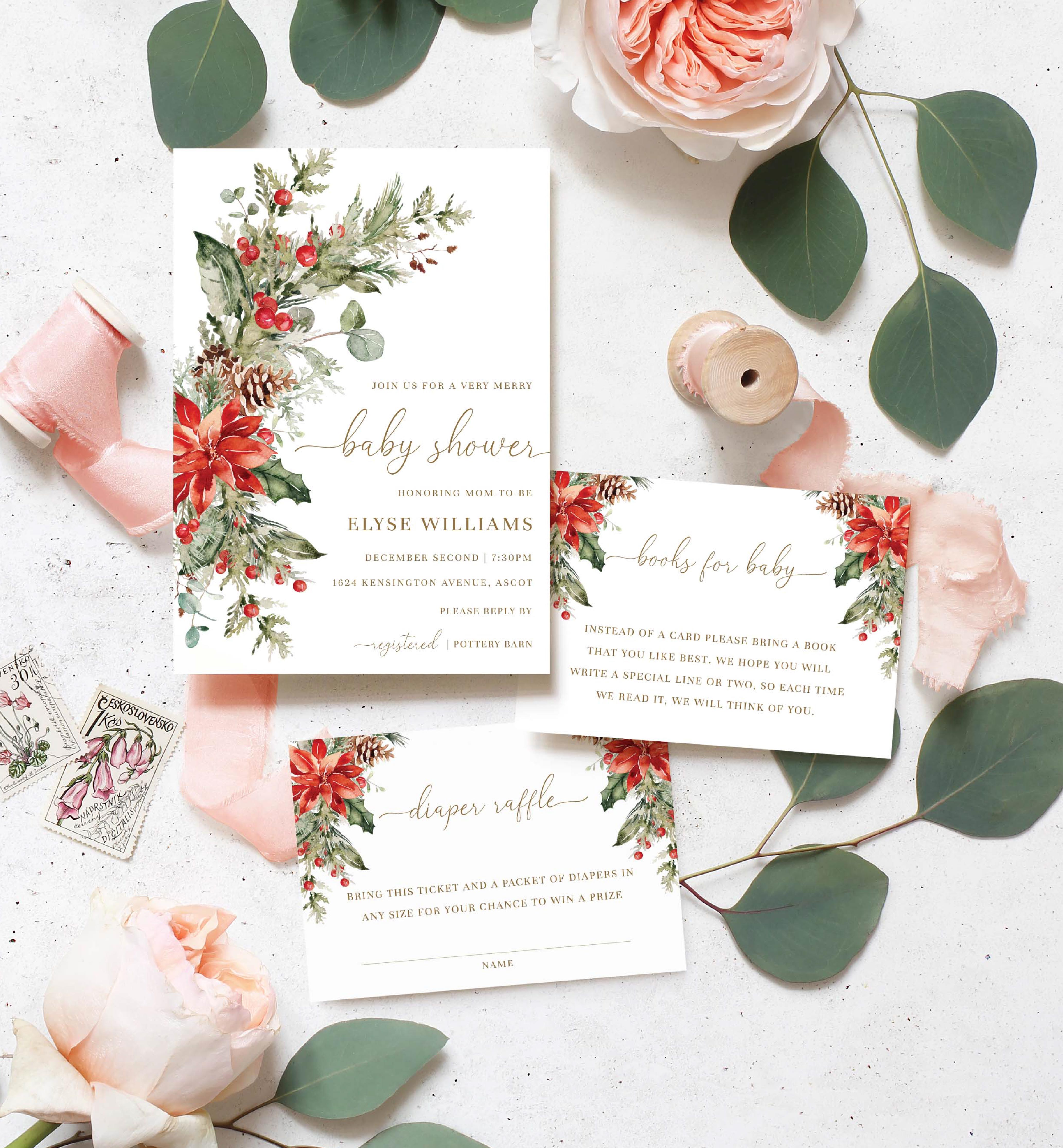 NUT-WHT-1-B1743 - NUTMEG NOEL - WHITE - CHRISTMAS BABY SHOWER INVITATION SUITE design preview