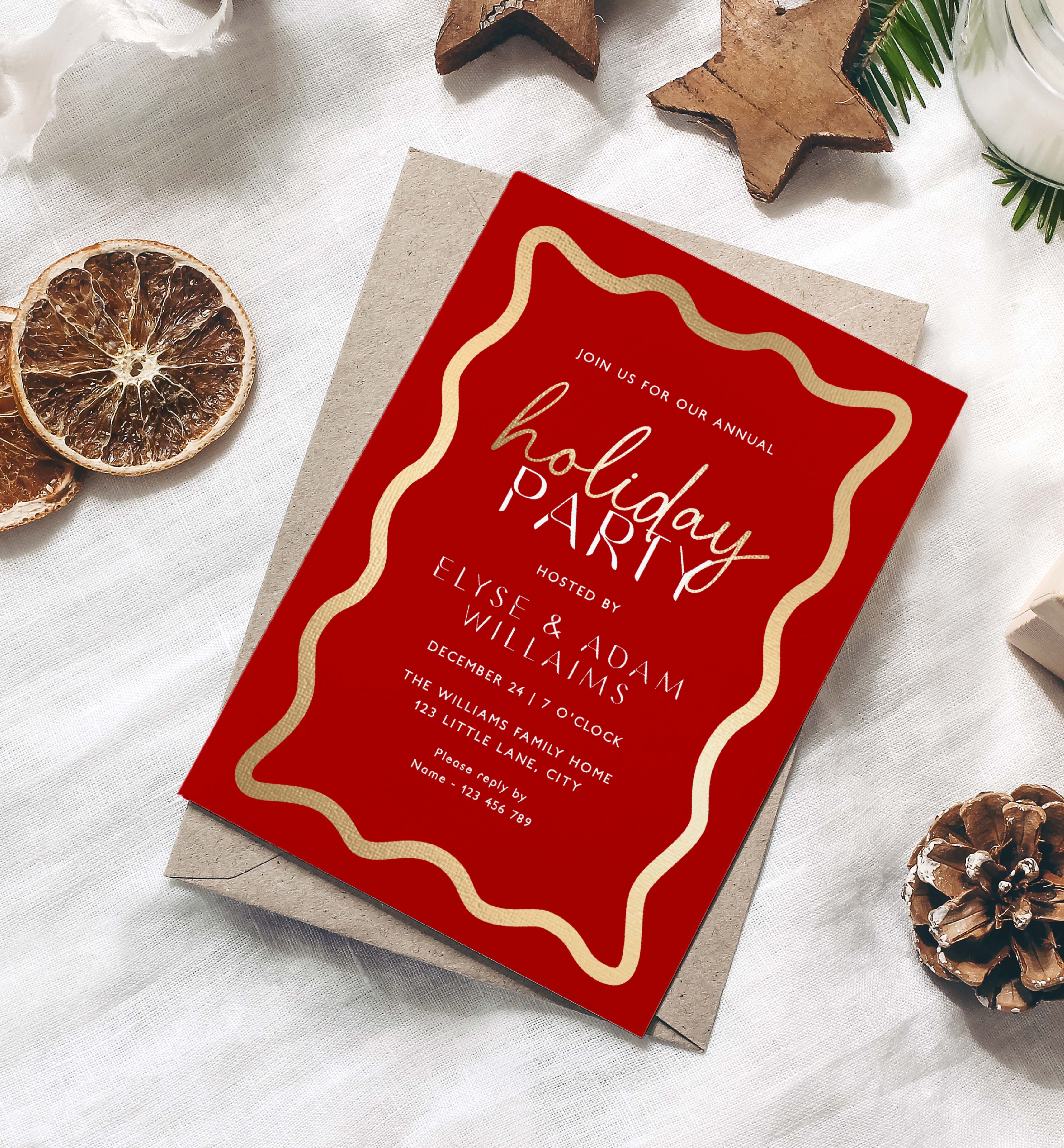 WAV-RDG-1-B2832 - WAVE - RED GOLD - HOLIDAY PARTY INVITATION design preview