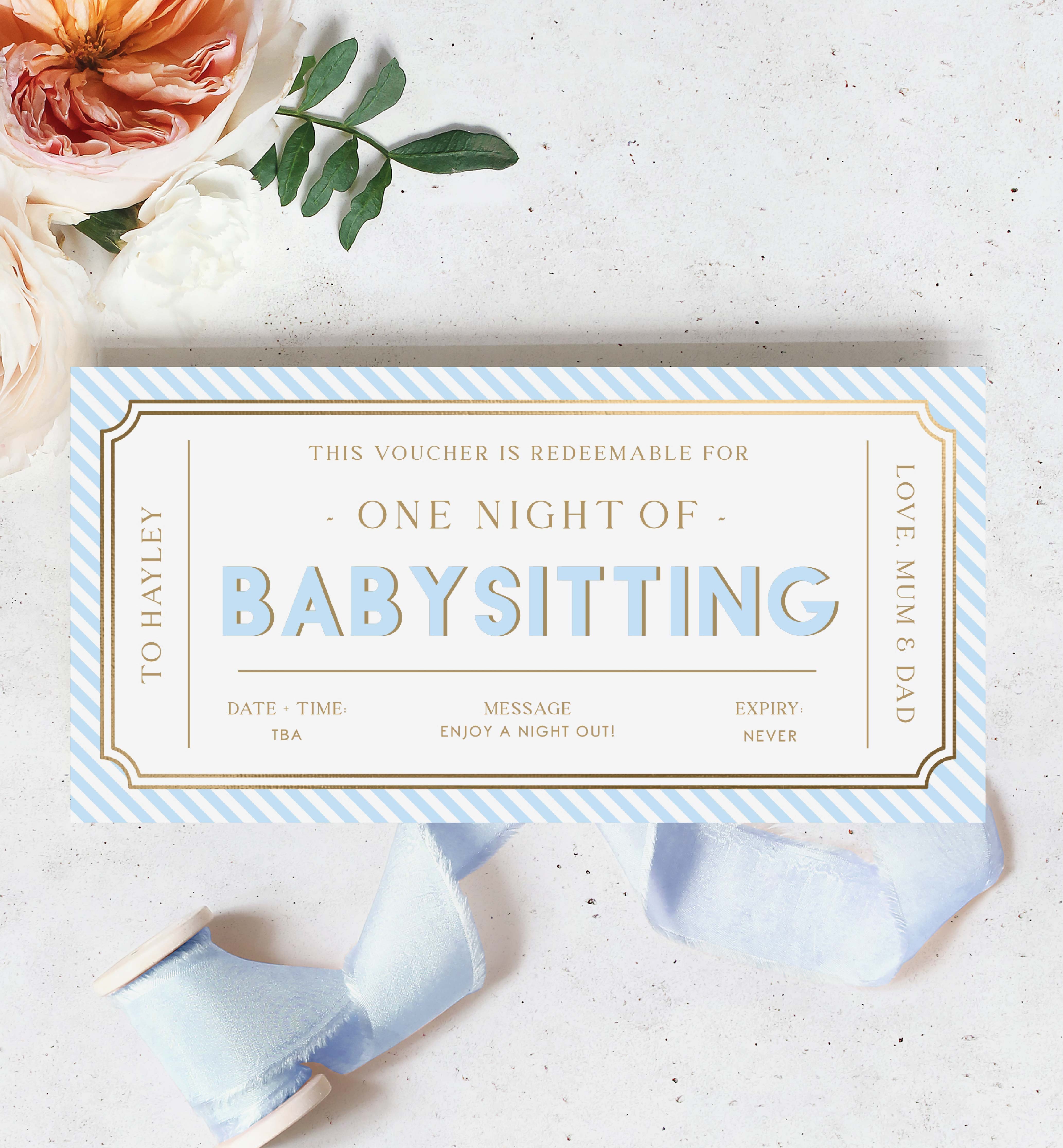 STR-BLU-14-B3013 - STRIPE - BLUE - BABYSITTING GIFT CERTIFICATE design preview