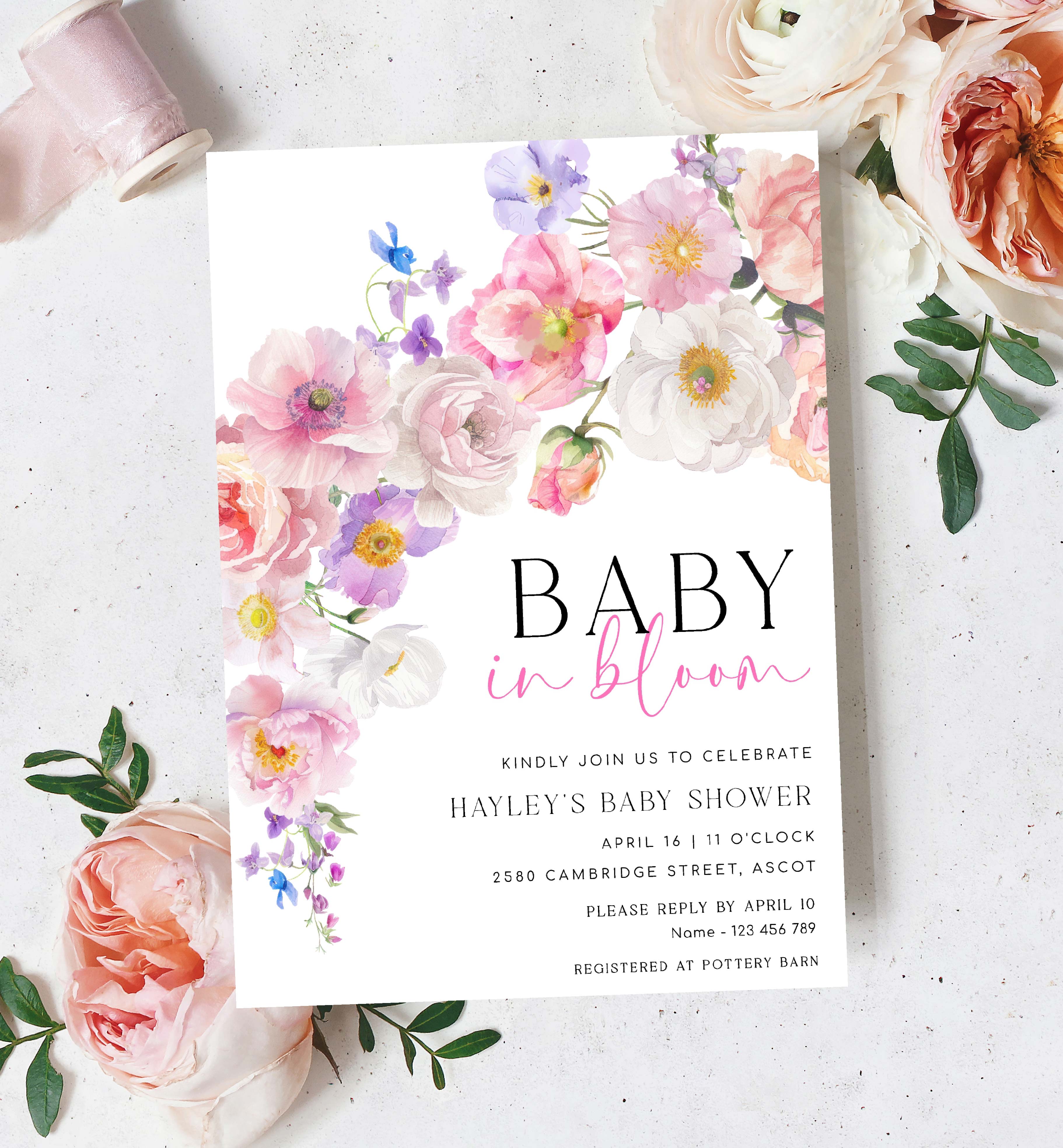 ELO-WHT-1-B3541 - ELOISE - WHITE - BABY IN BLOOM INVITATION design preview
