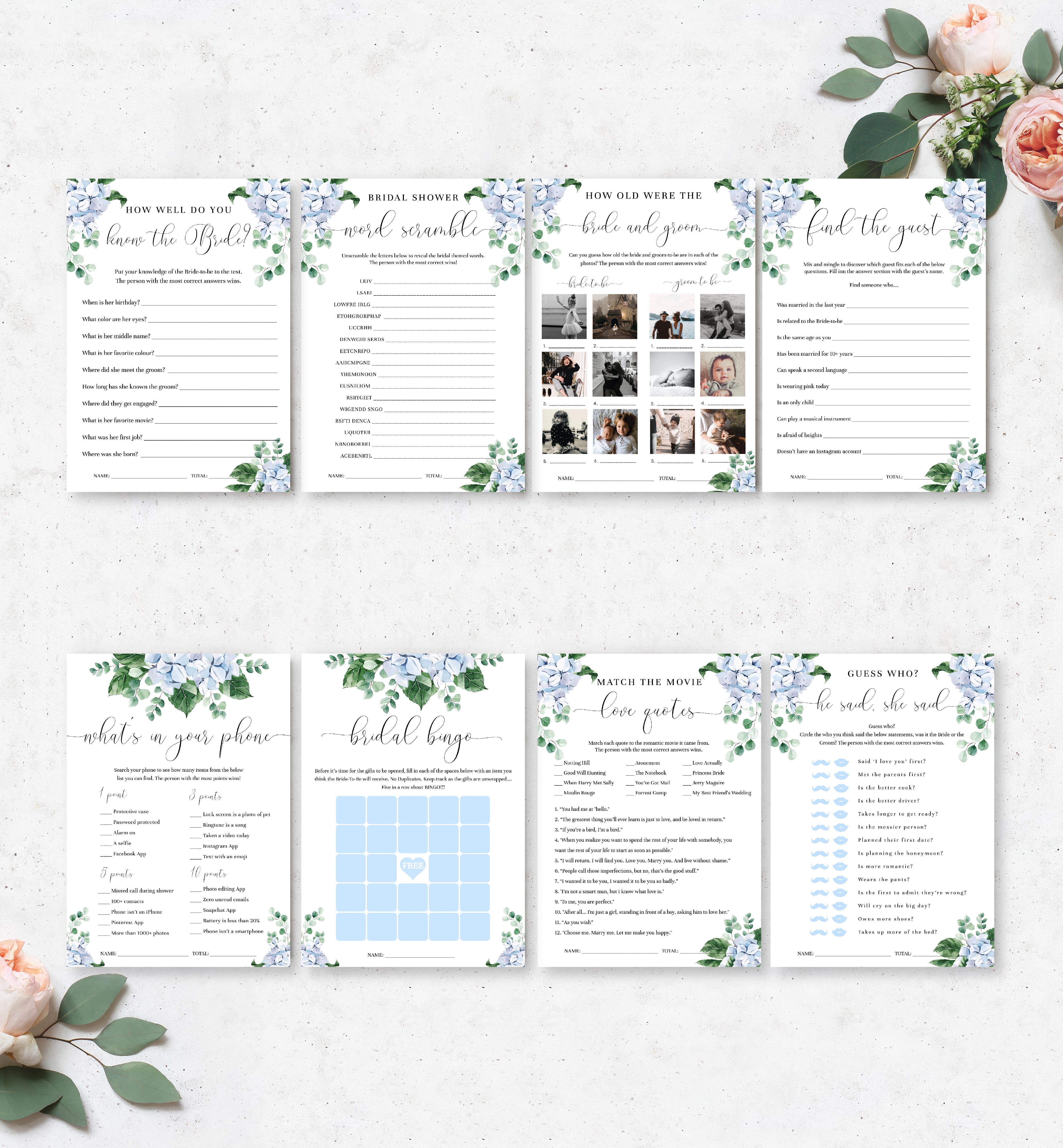 FER-BLU-10-B2472 - FERRAS BLOSSOM - BLUE - BRIDAL SHOWER GAMES BUNDLE design preview
