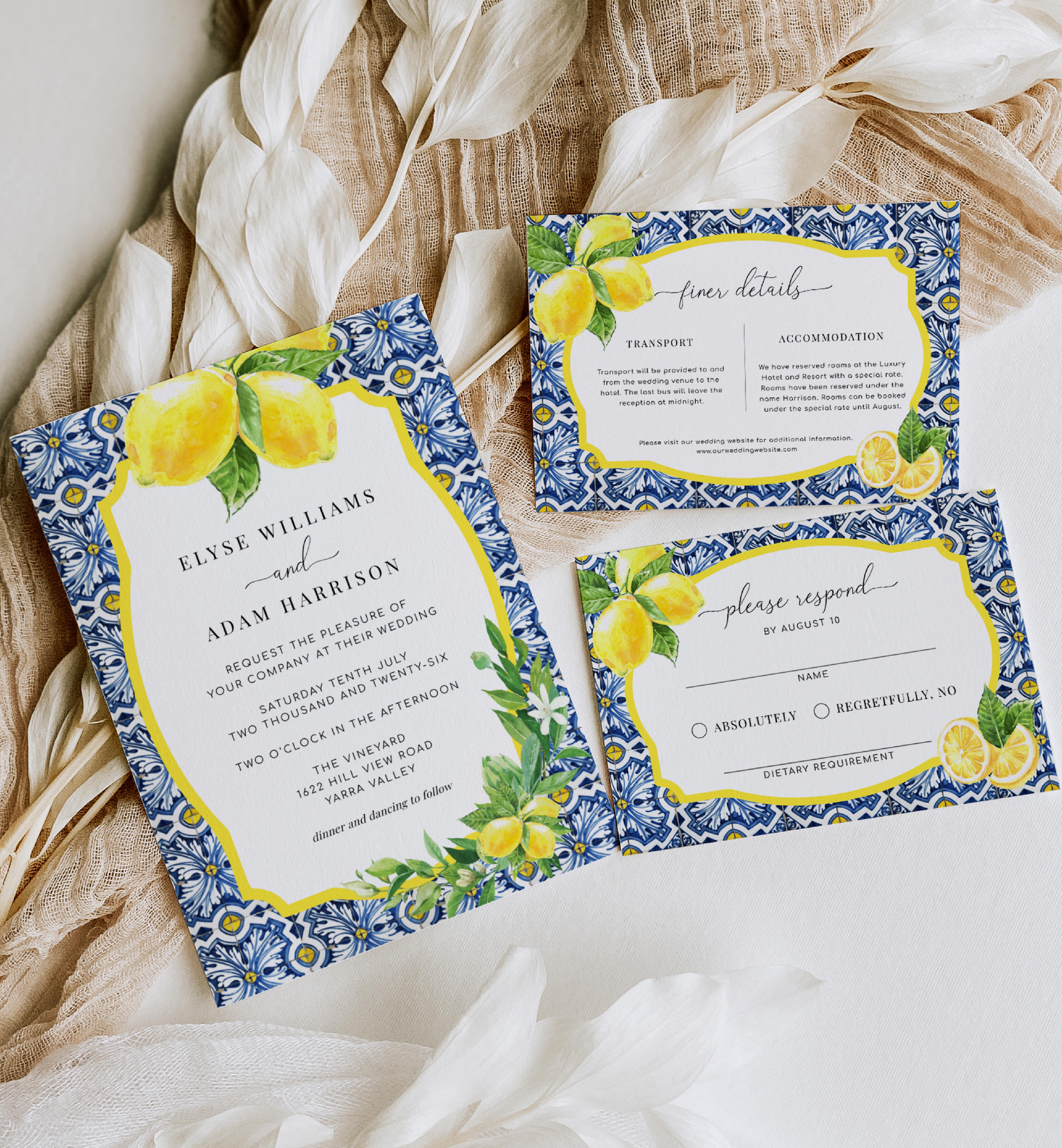 POS-BLY-1-B039 - POSITANO BLUE TILE - LEMONS - WEDDING INVITATION SUITE design preview