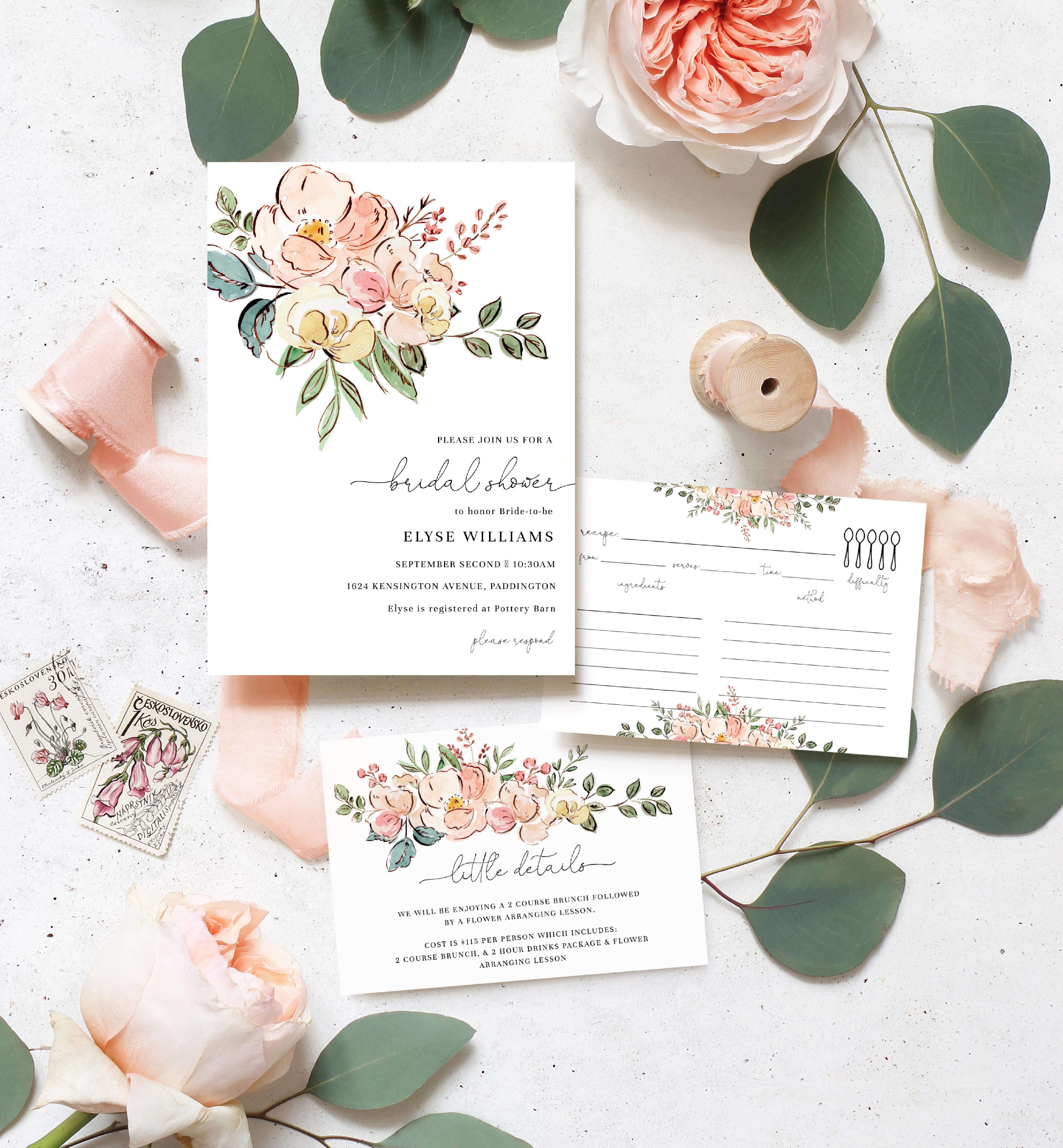CAM-MLT-1-B1140 - CAMBRIDGE FLORAL - MULTI - BRIDAL SHOWER INVITATION SUITE design preview