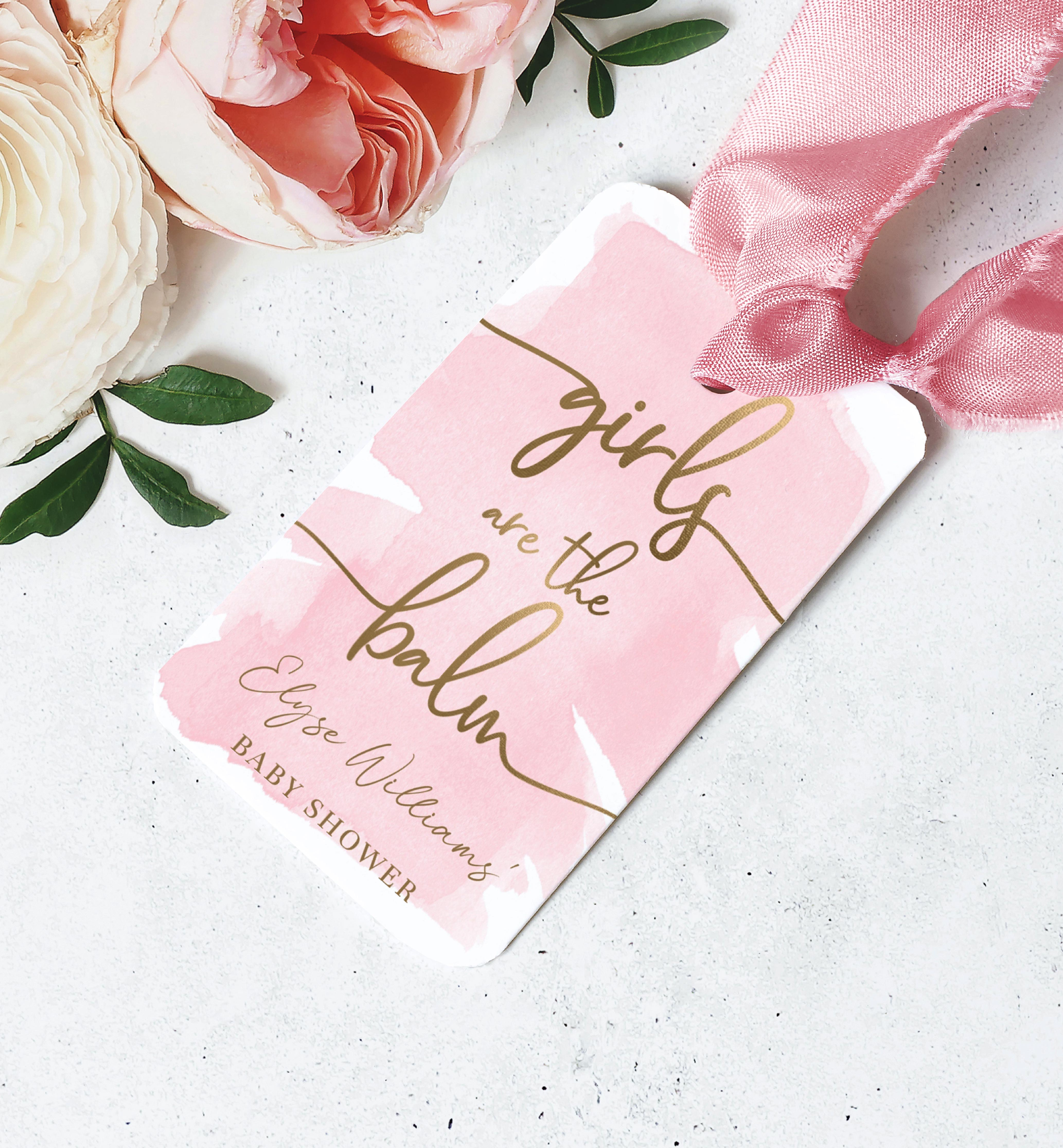 WAT-PNK-6-B1772 - WATERCOLOUR PINK - GOLD - GIRLS ARE THE BALM LIP BALM TAG design preview