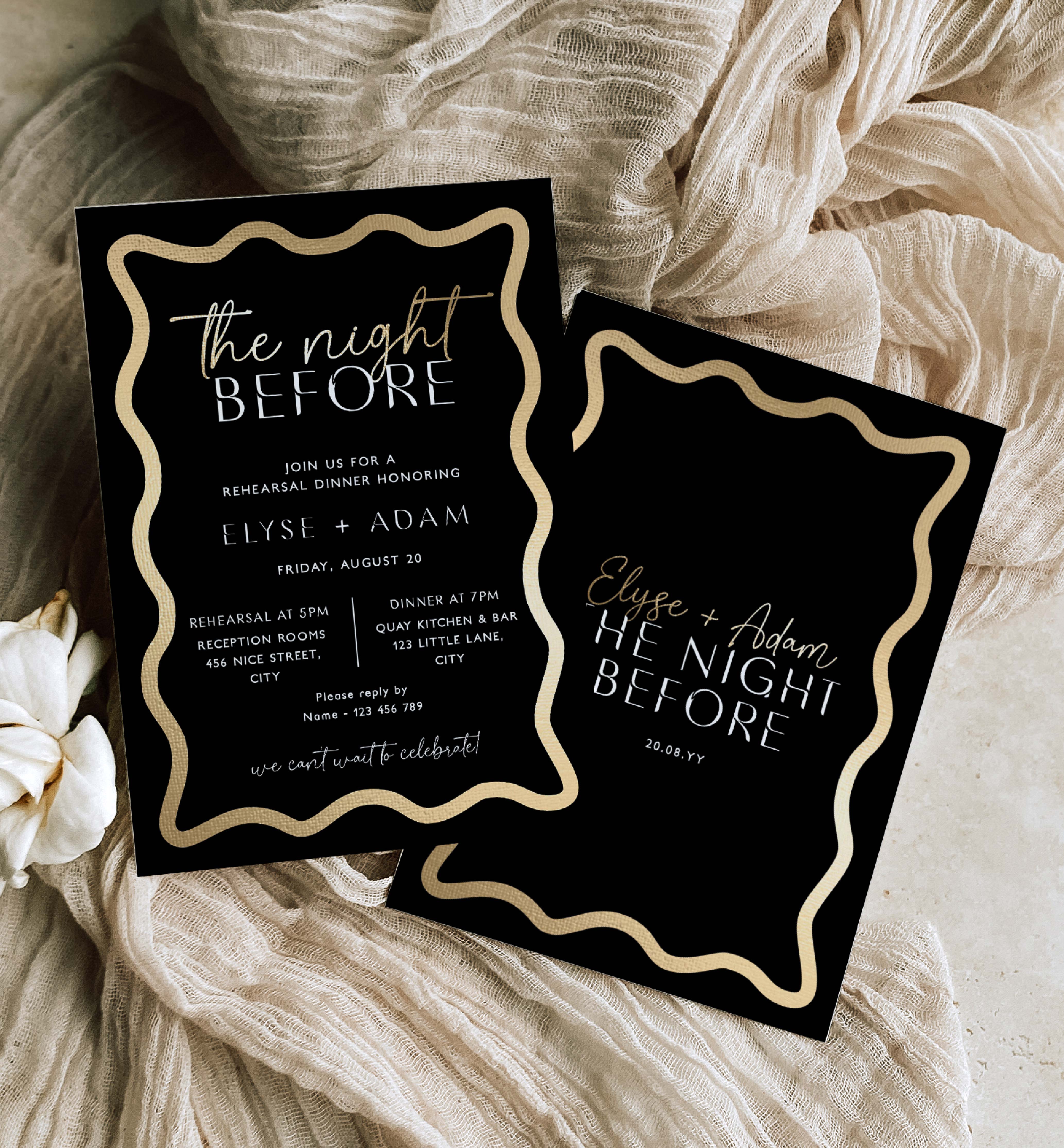 WAV-BKG-1-B2718 - WAVE - BLACK GOLD - REHEARSAL DINNER INVITATION design preview