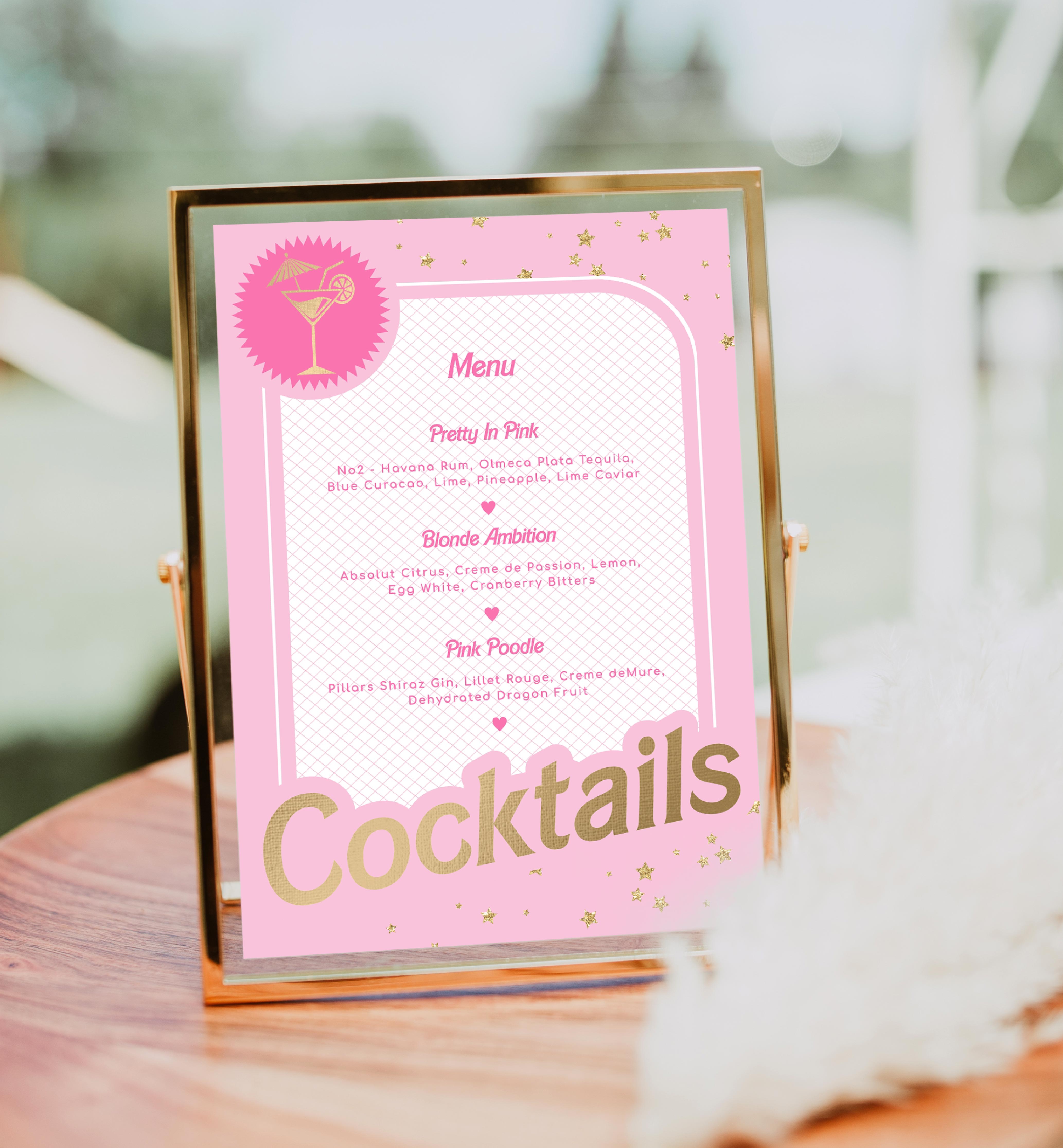 BAR-PNK-7-B2323 - BARBIE PARTY - PINK GOLD - COCKTAIL MENU SIGN design preview