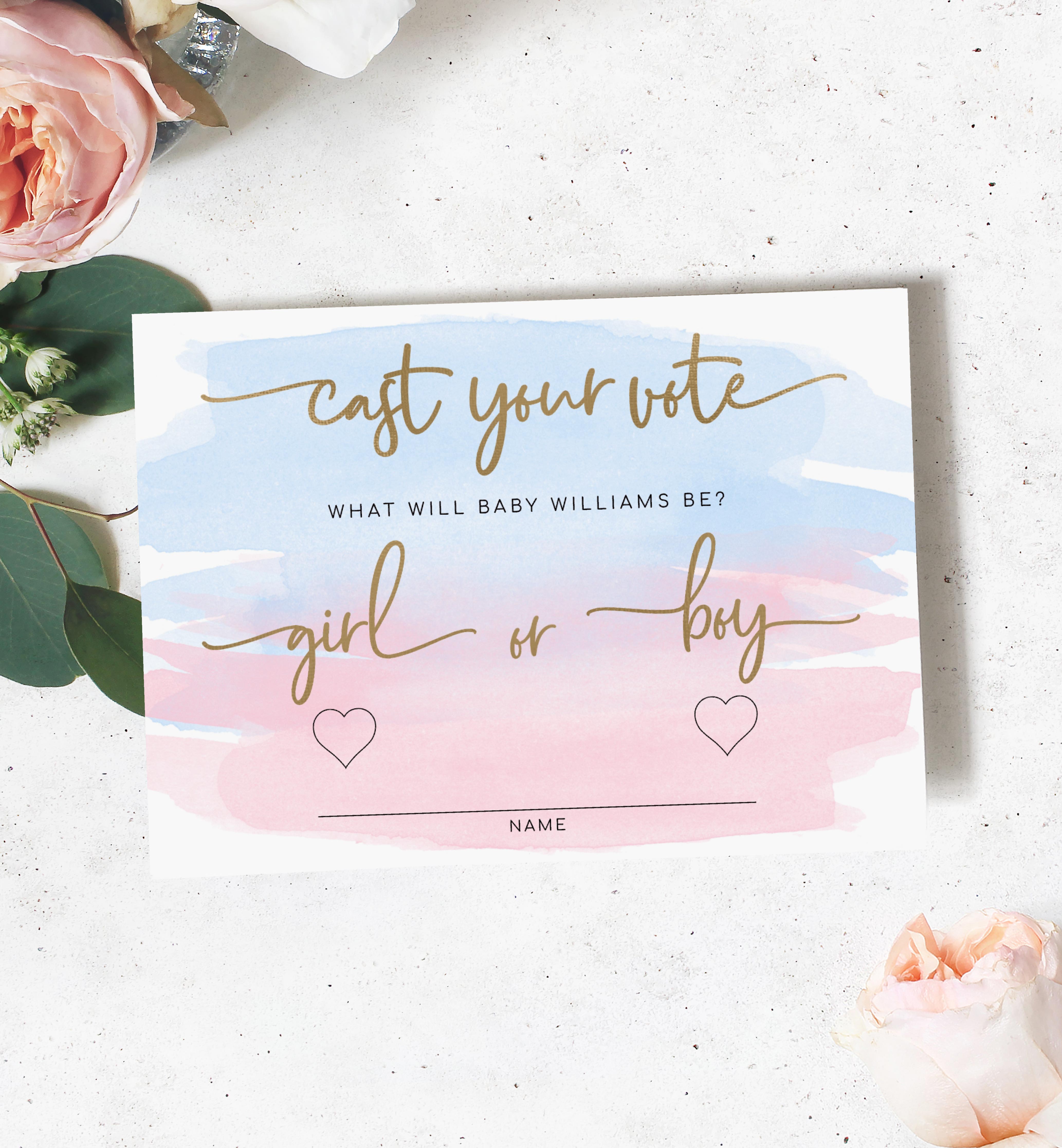 WAT-PNB-10-B2267 - WATERCOLOUR PINK BLUE - GOLD - CAST YOUR VOTE CARD design preview