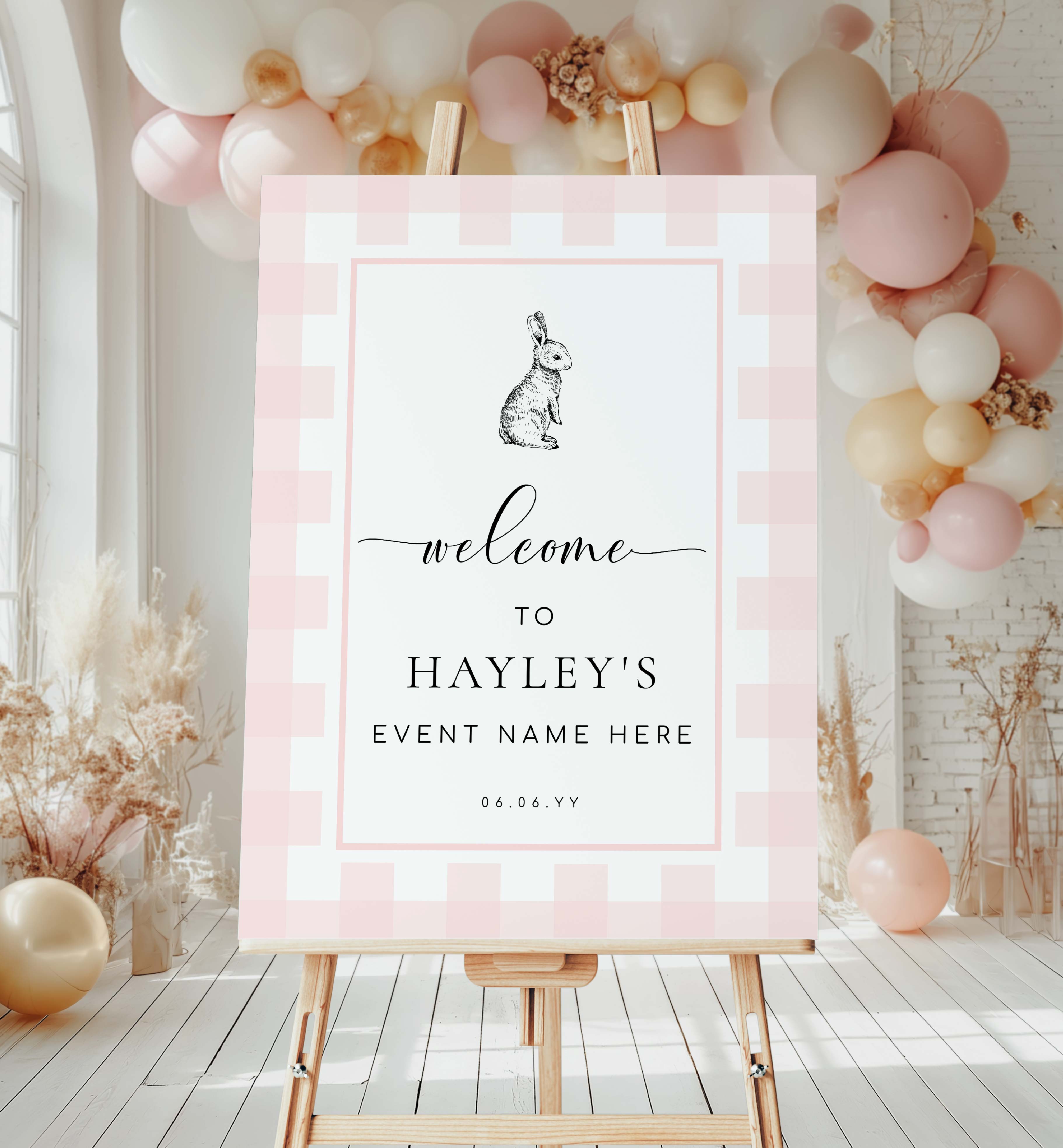 GIN-PNK-3-B578 - GINGHAM BUNNY - PINK - WELCOME SIGN design preview