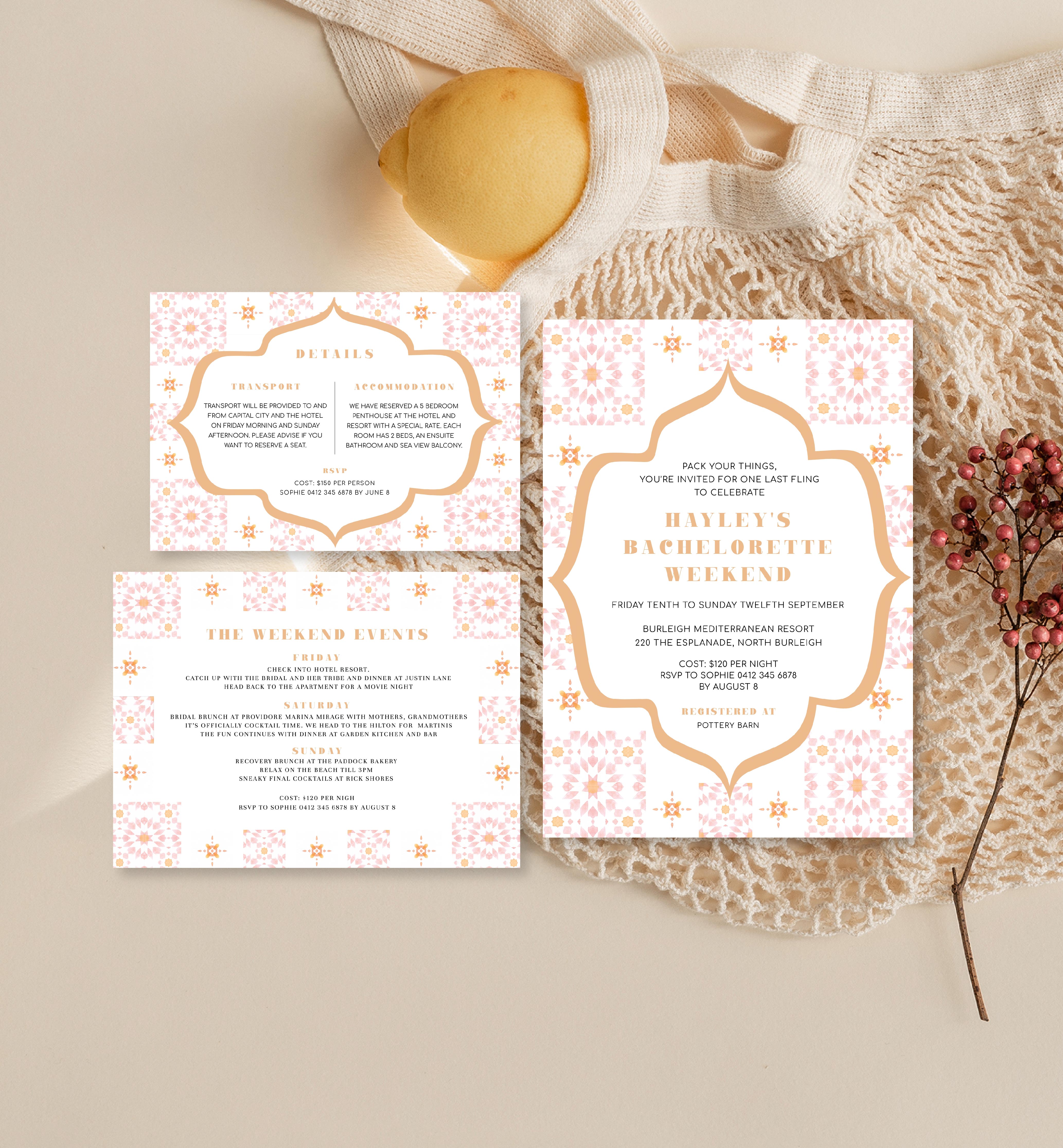 DDF-PNK-1-B943 - DESERT DREAM - PINK TILE - BACHELORETTE WEEKEND INVITATION SUITE design preview