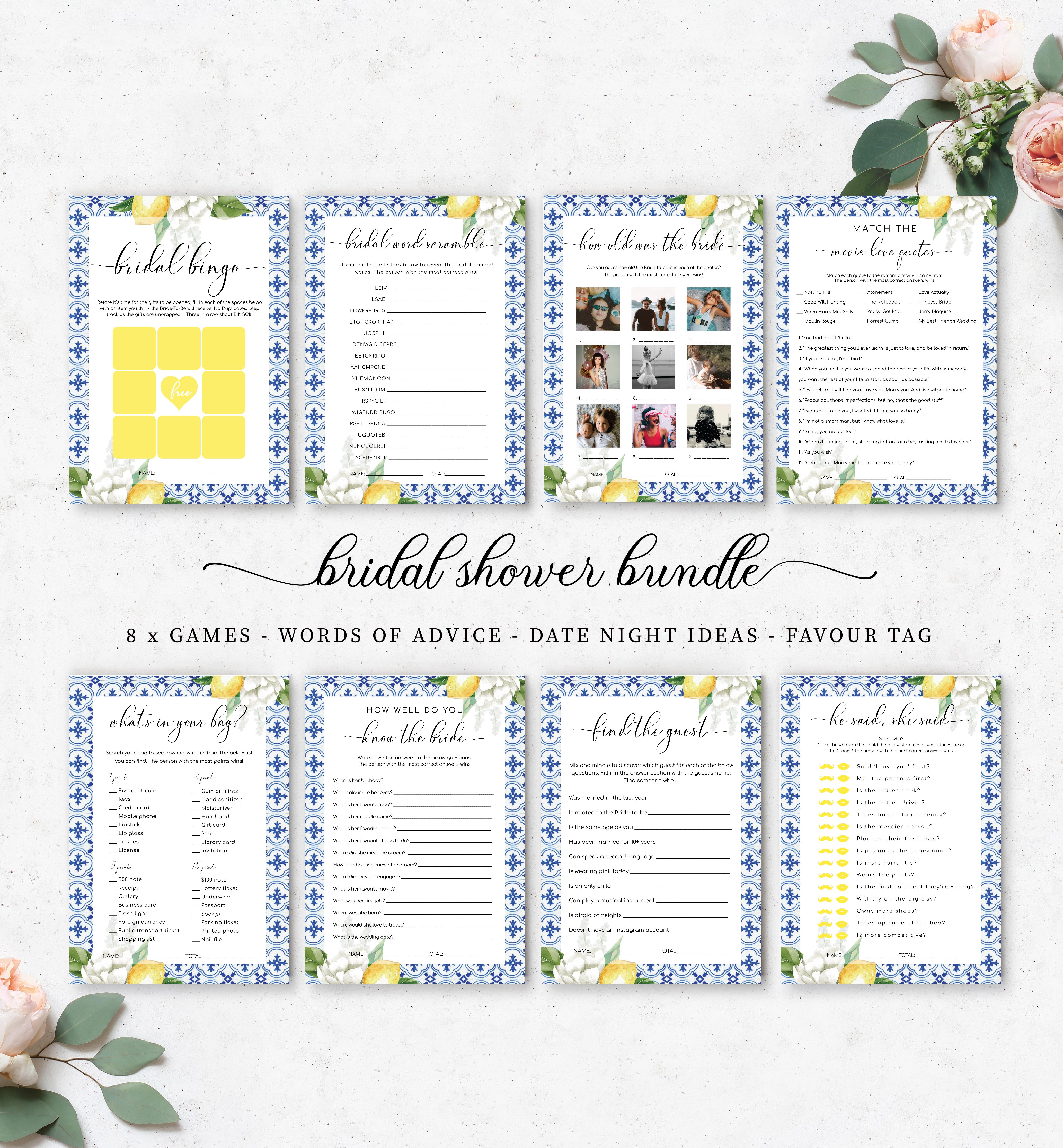 MED-BLU-10-B1020 - THE MED - LEMONS - BRIDAL SHOWER GAMES BUNDLE design preview