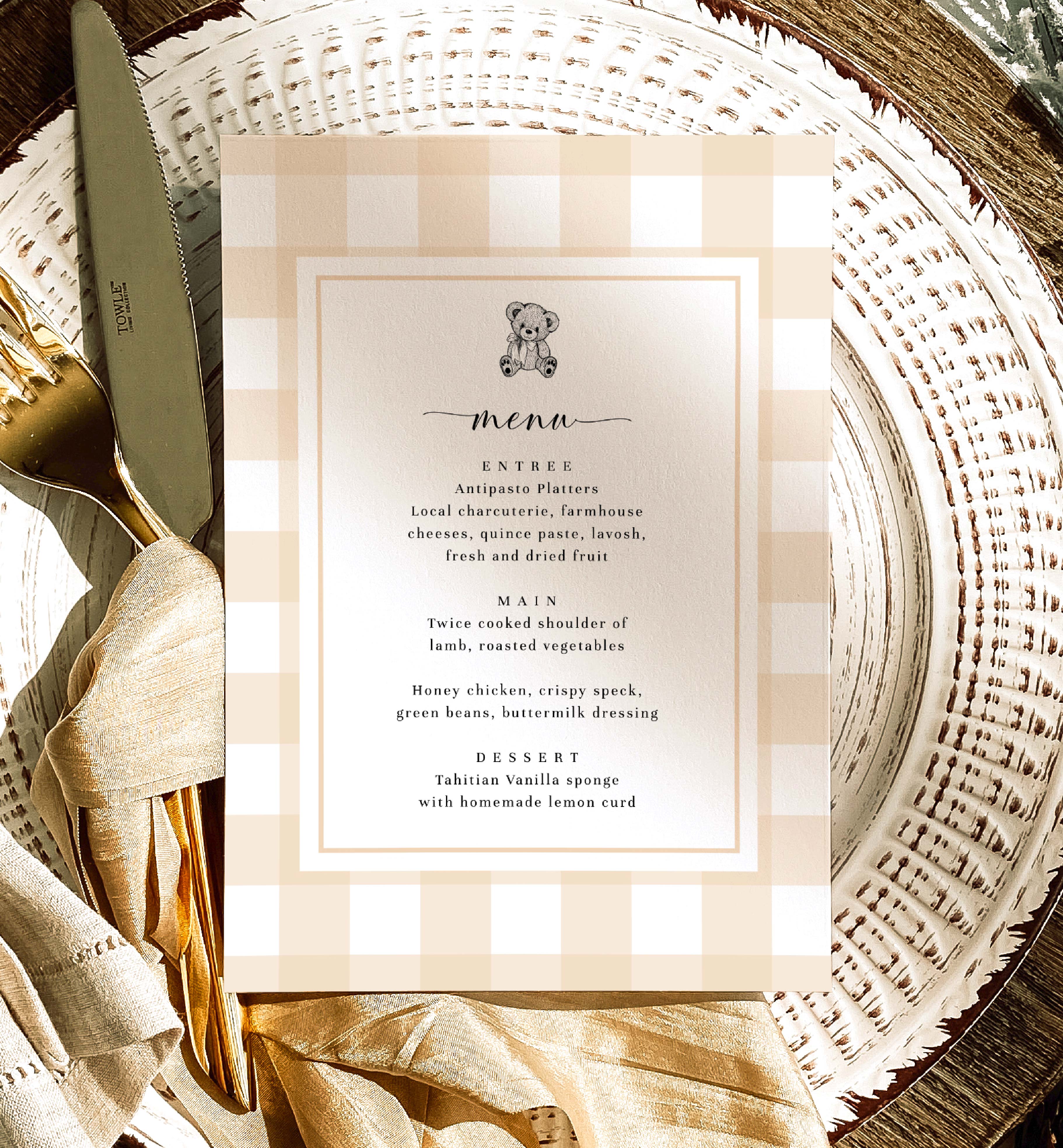 GIN-TAN-12-B2448 - GINGHAM TEDDY - TAN - MENU design preview