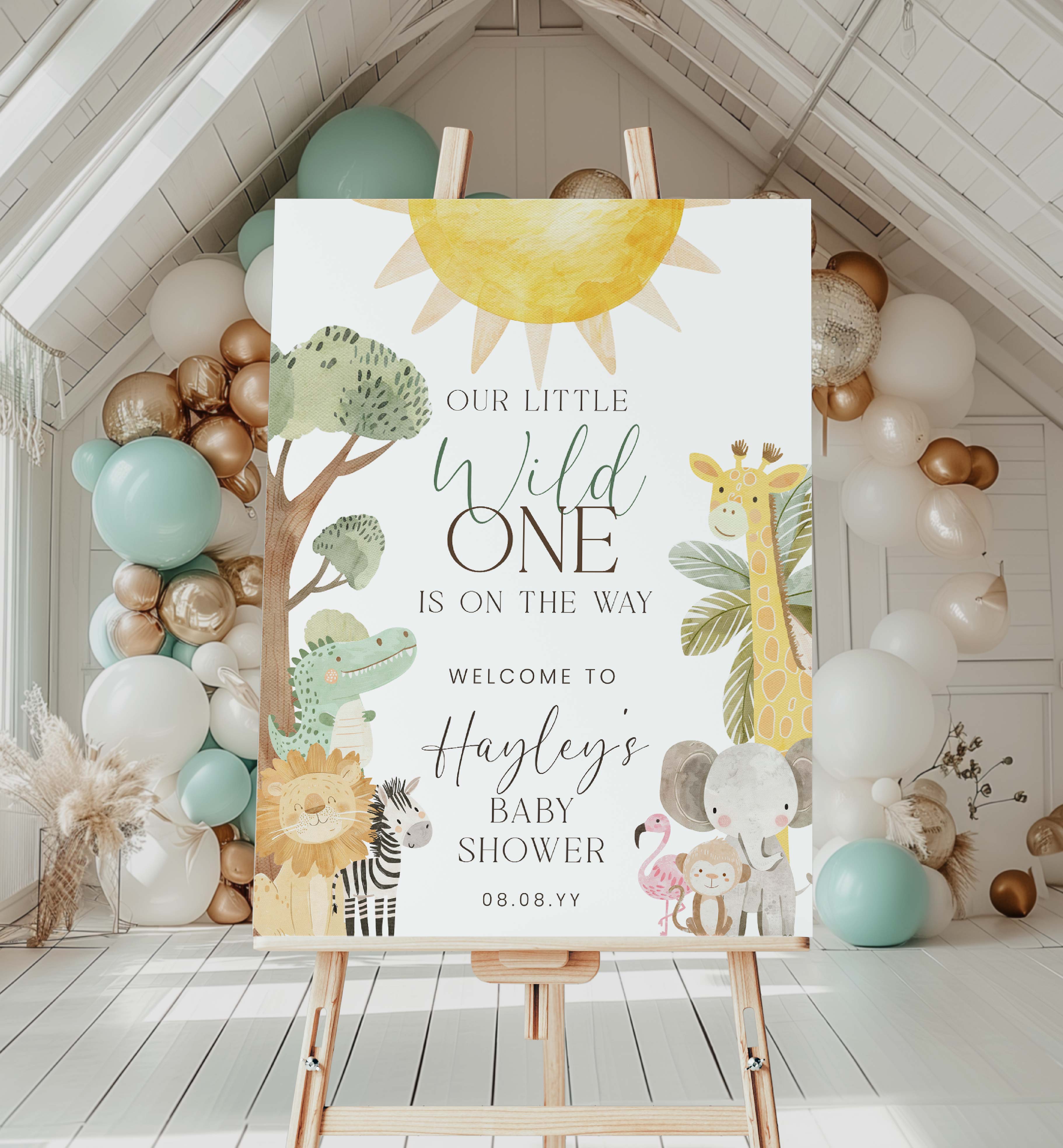 NYS-WHT-3-B3425 - NYALA SAFARI - WHITE - WILD ONE BABY SHOWER WELCOME SIGN design preview