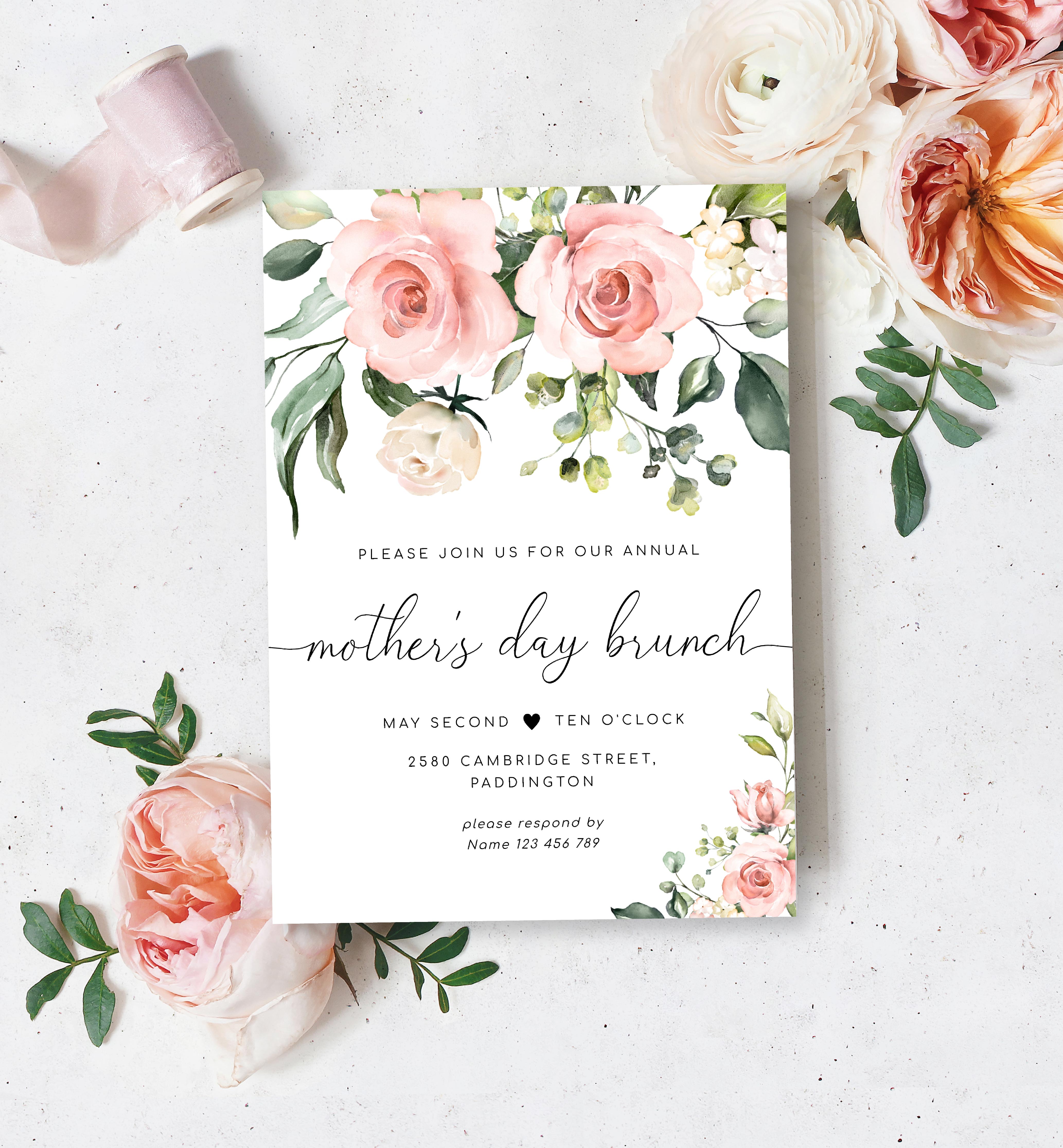 DAR-PNK-1-B1959 - DARCY FLORAL - PINK - MOTHER'S DAY BRUNCH INVITATION design preview