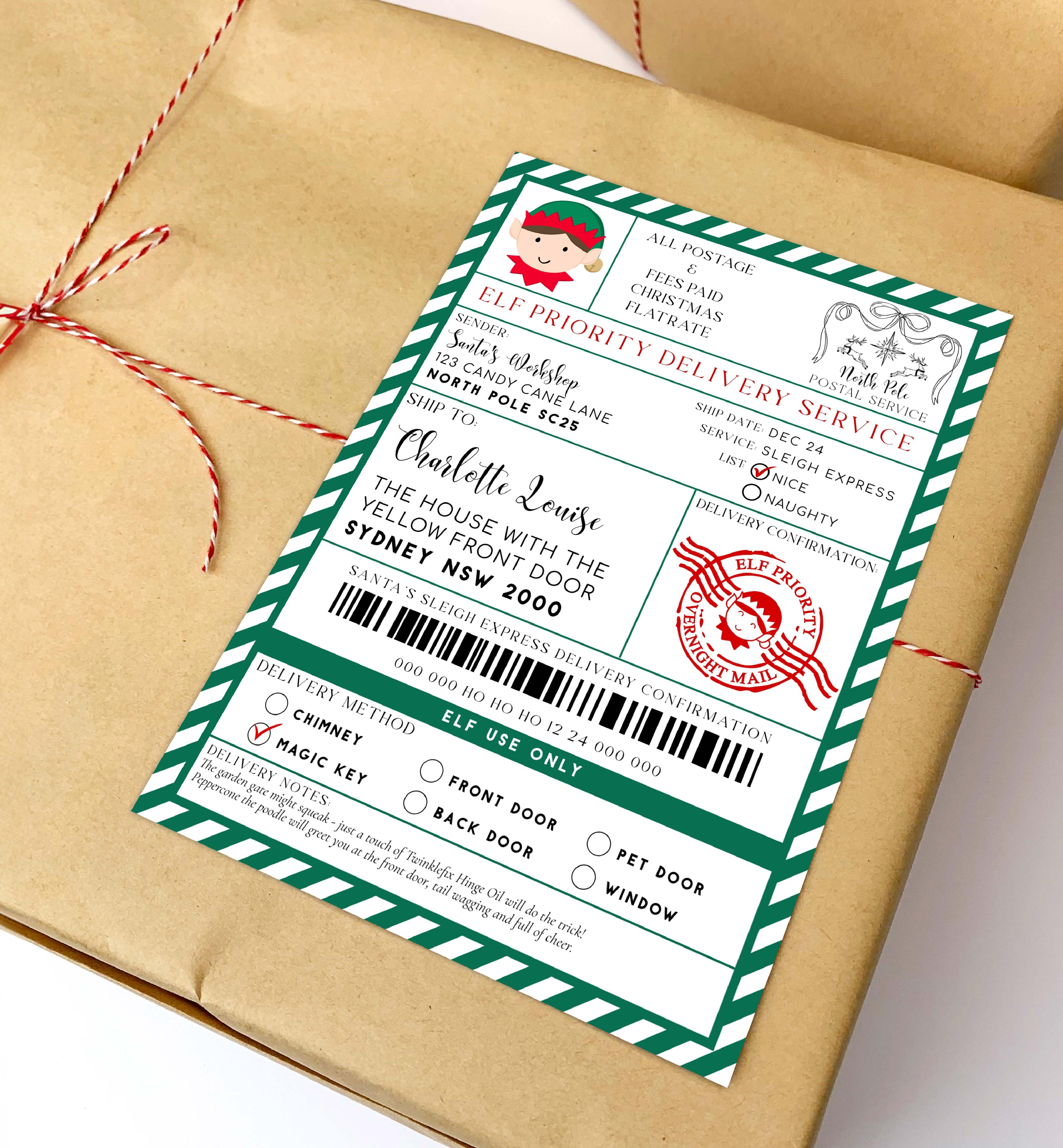SAW-GRE-6-B3736 - SANTAS WORKSHOP - GREEN - ELF SHIPPING LABEL design preview