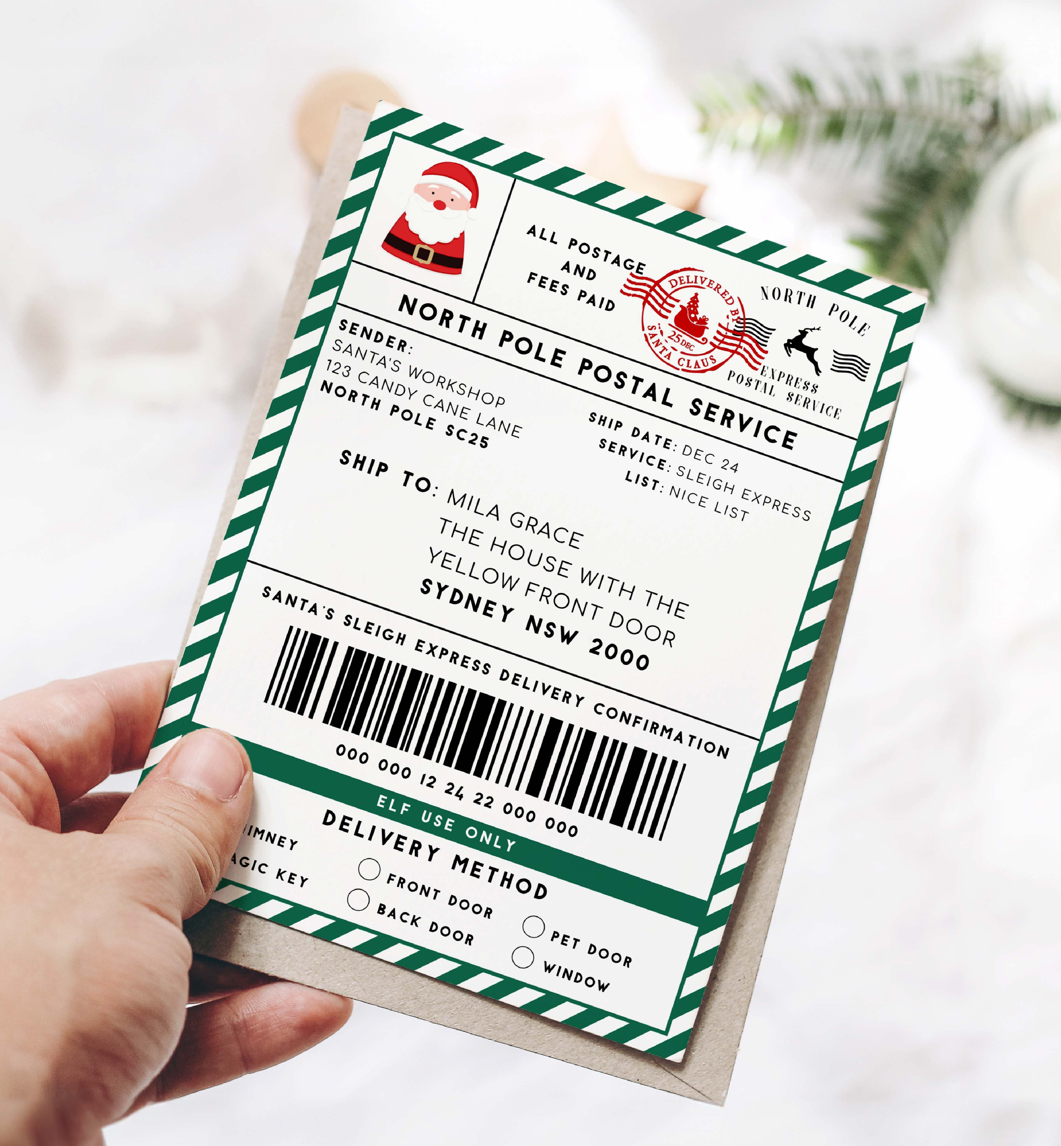 SAW-GRW-6-B2329 - SANTAS WORKSHOP - GREEN WHITE - SHIPPING LABEL design preview