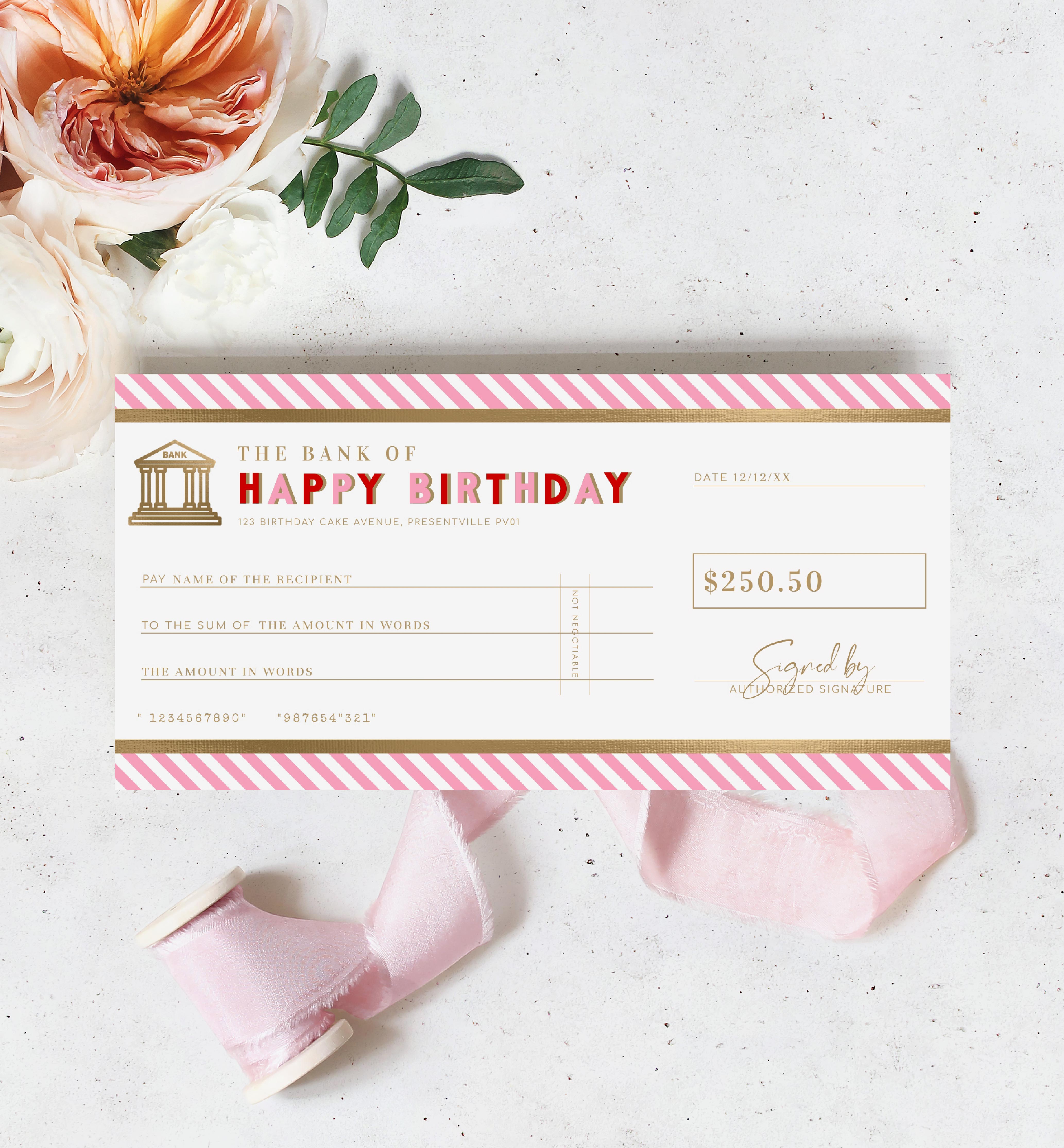 STR-RPK-14-B2440 - STRIPE - RED PINK - BIRTHDAY CHEQUE CERTIFICATE design preview