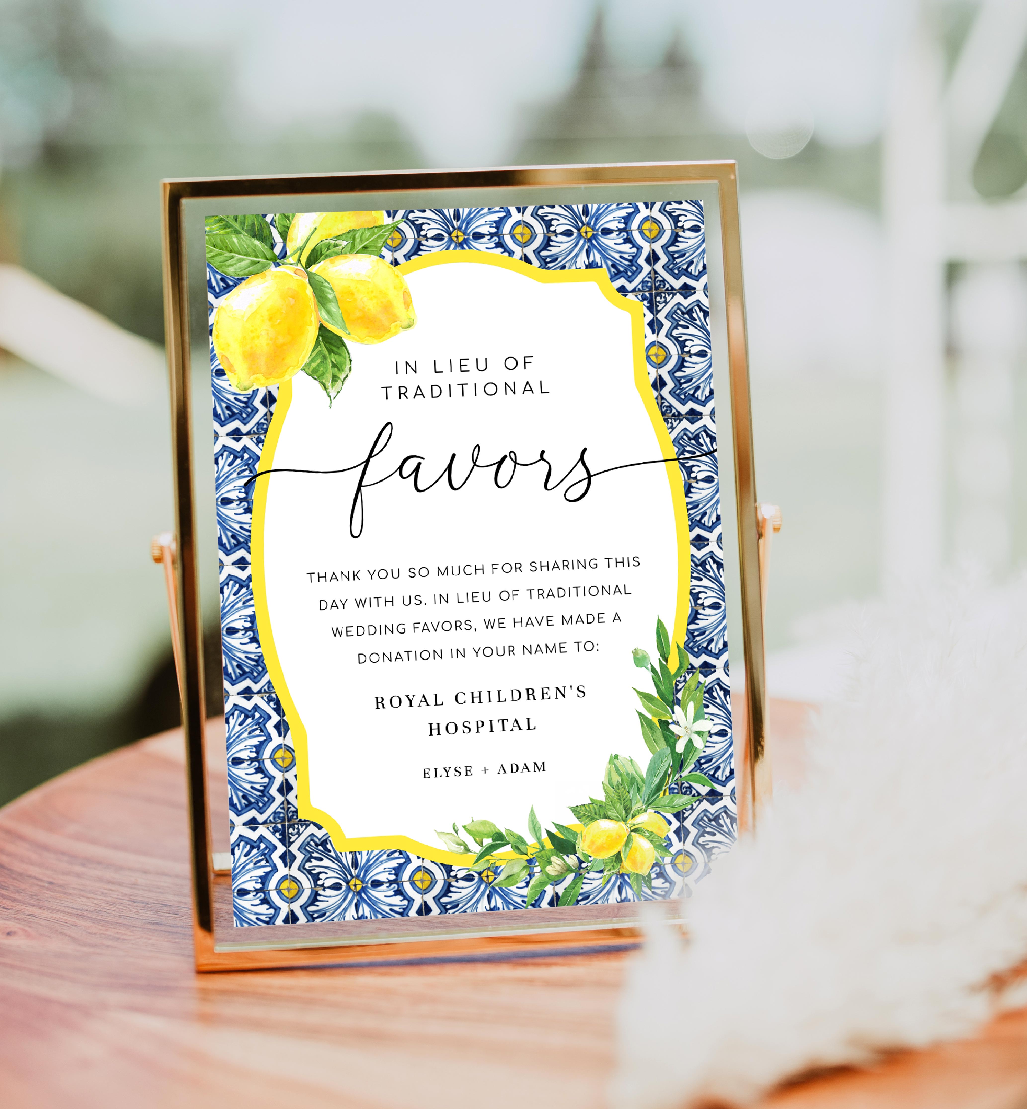 POS-BLY-7-B2259 - POSITANO BLUE TILE - LEMONS - IN LIEU OF FAVOURS SIGN design preview