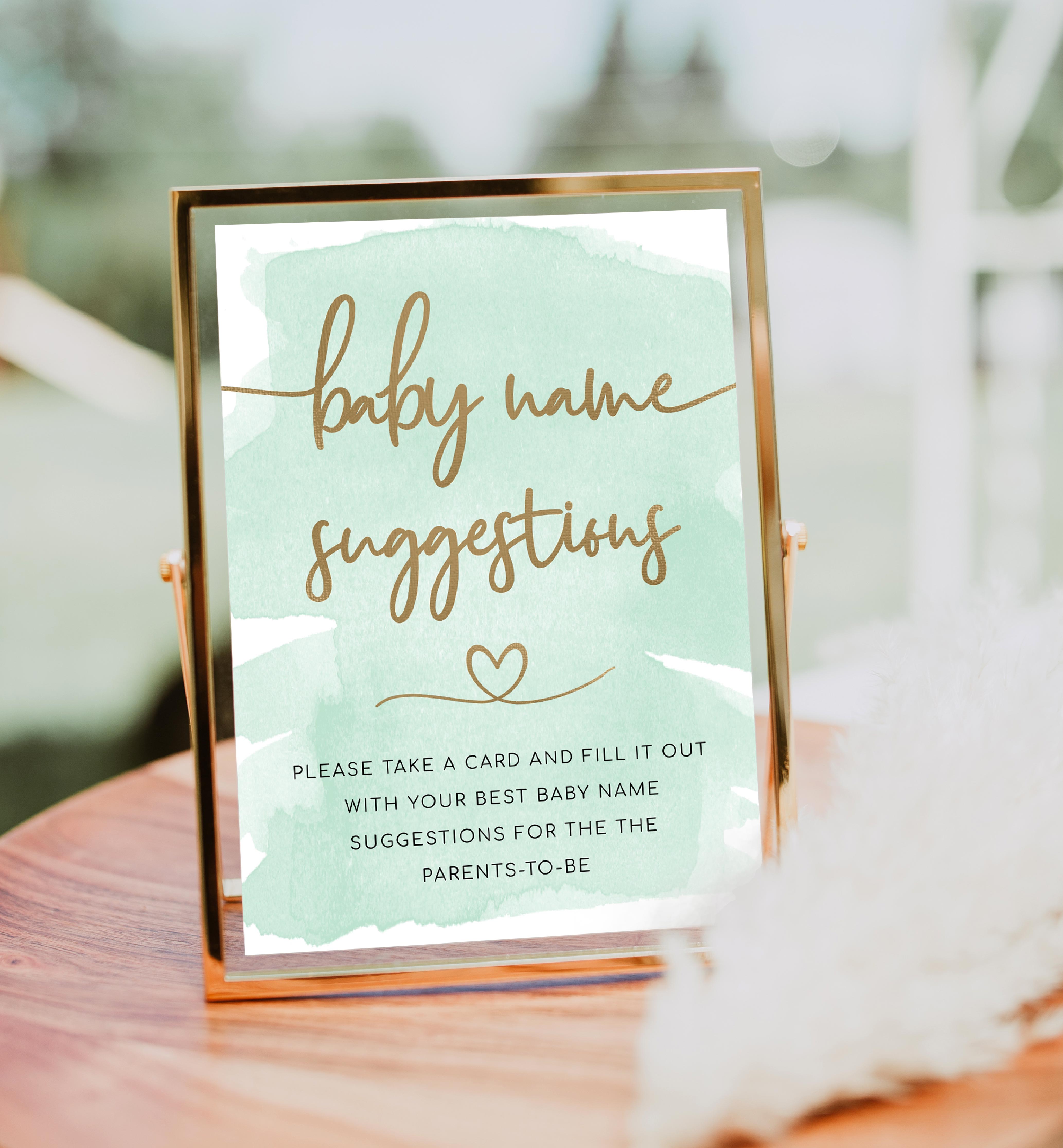 WAT-GRE-7-B1887 - WATERCOLOUR GREEN - GOLD - NAME SUGGESTION SIGN AND CARD BUNDLE design preview