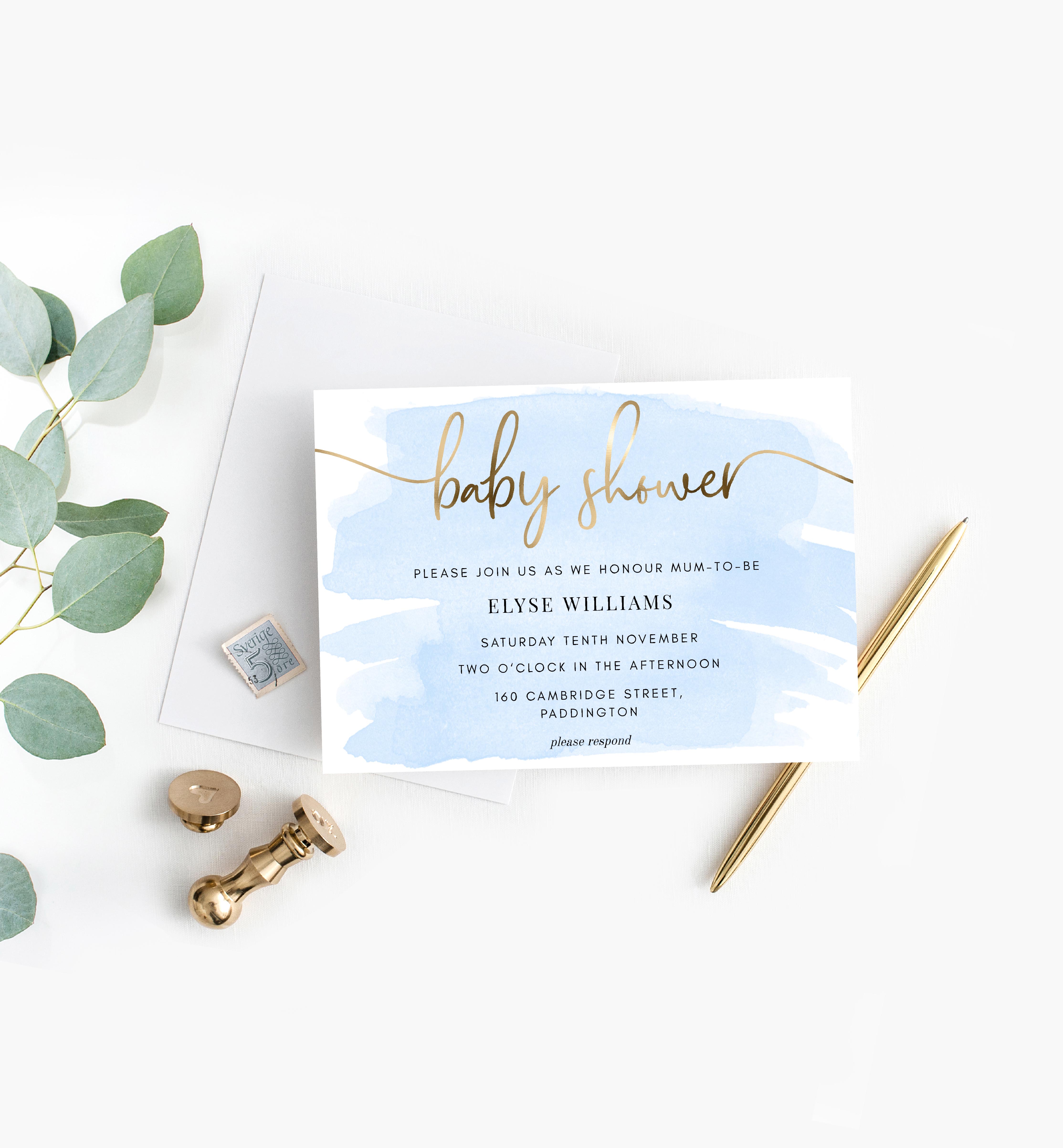 WAT-BLU-1-B122 - WATERCOLOUR BLUE - GOLD FOIL - BABY SHOWER INVITATION design preview