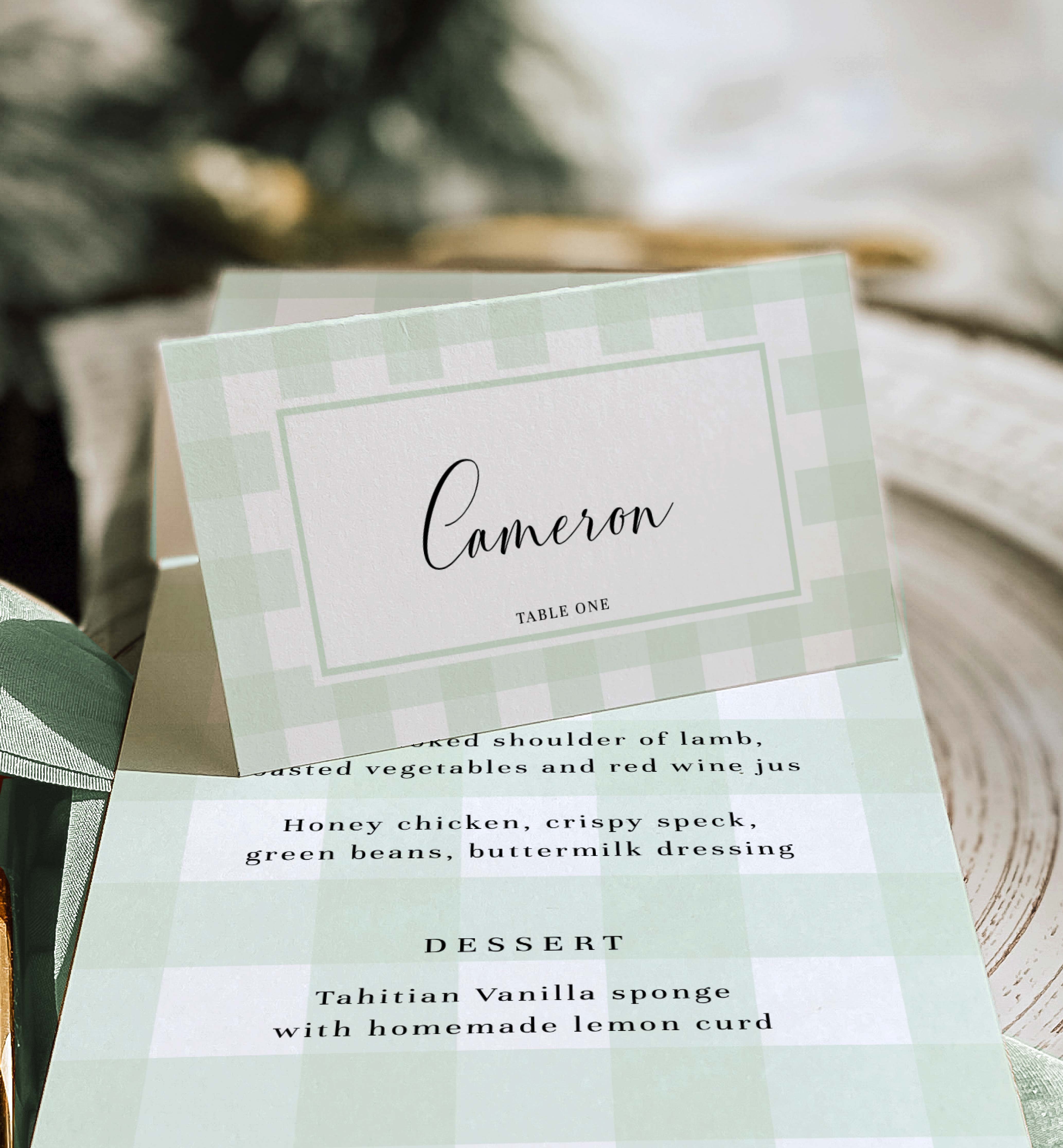 GIN-GRE-5-B928 - GINGHAM - GREEN - TENT PLACE CARDS design preview