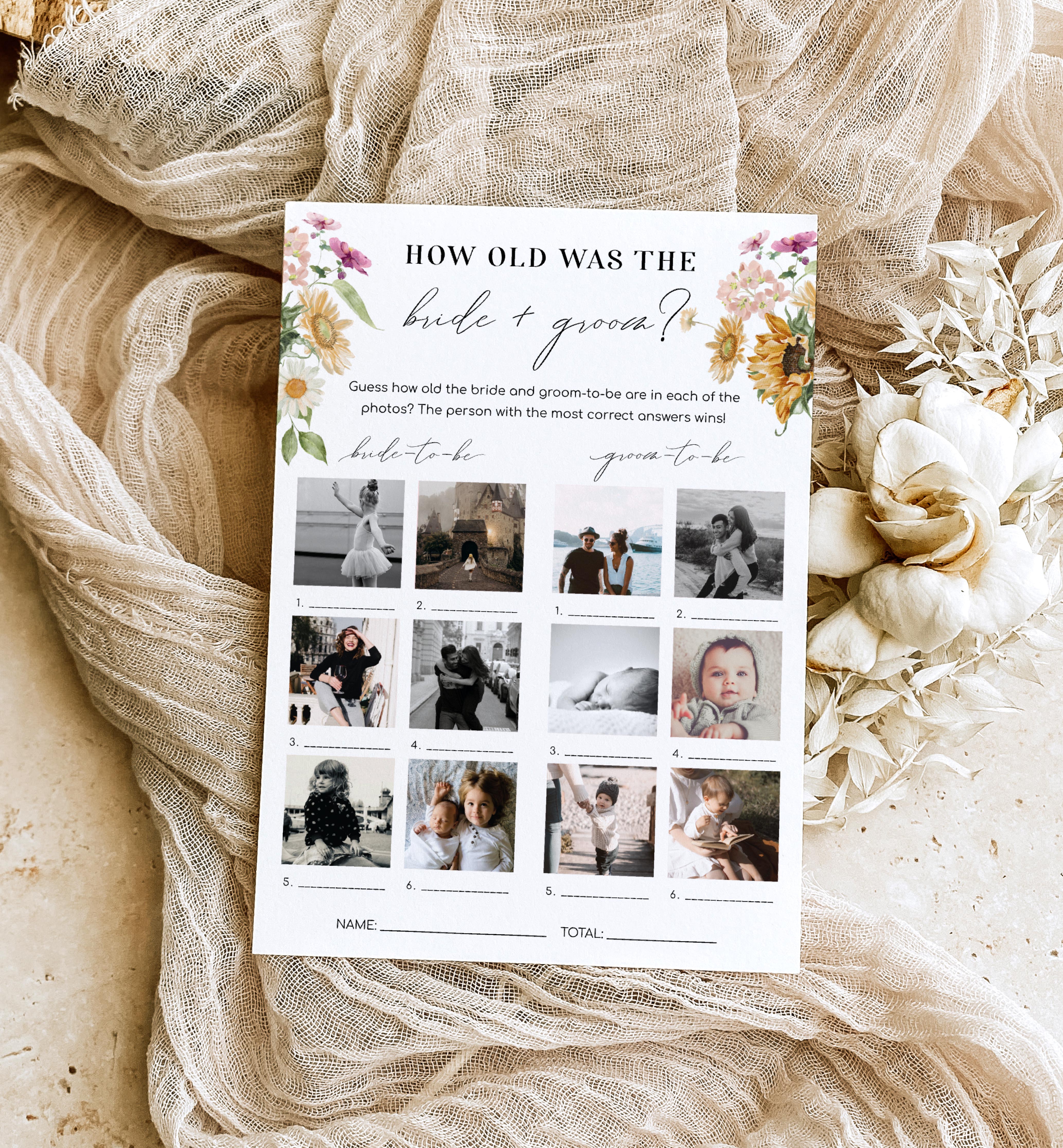 MEW-WHT-10-B2261 - MEWS FLORAL - WHITE - HOW OLD WAS THE BRIDE AND GROOM PHOTO GAME design preview