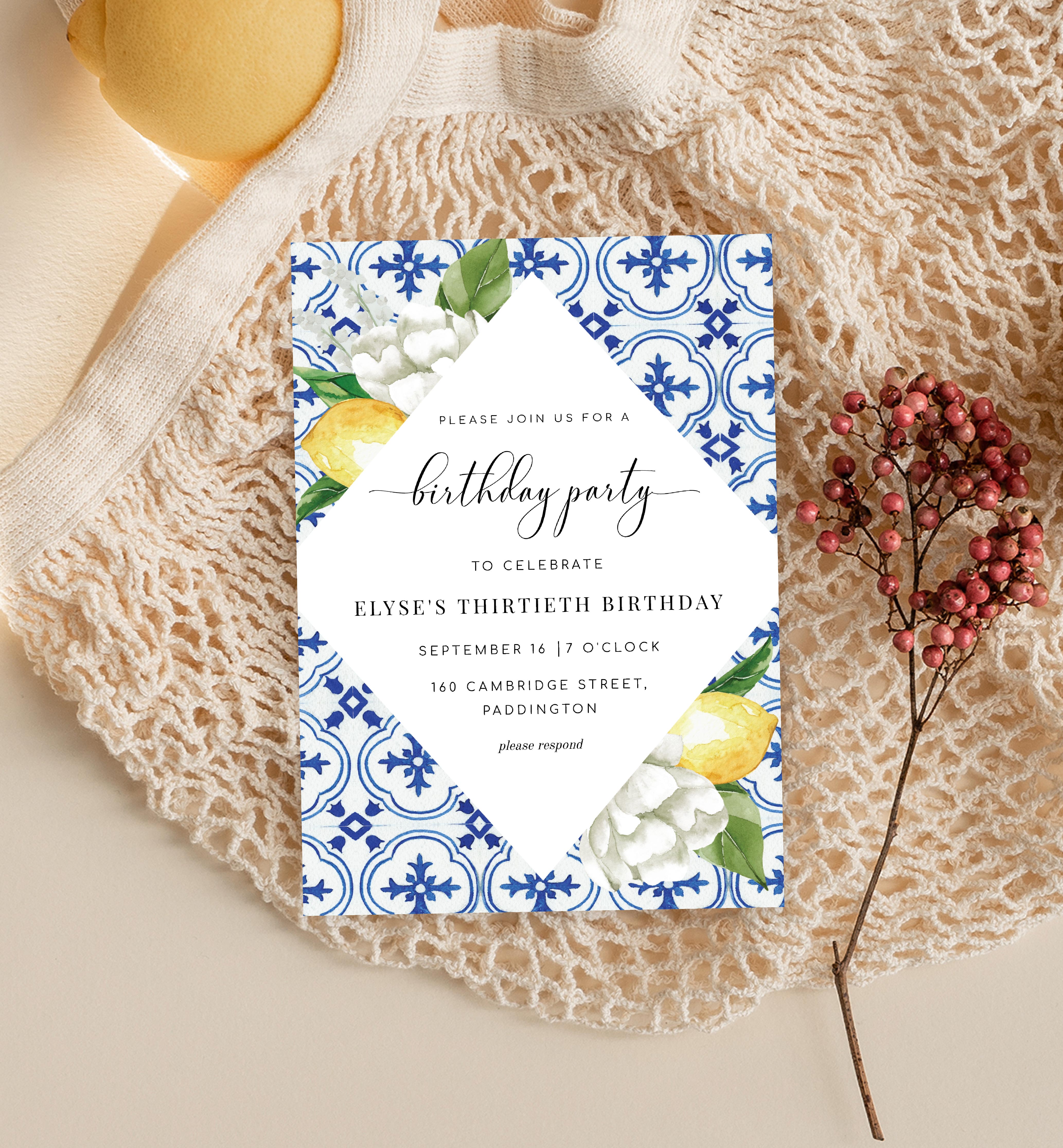 MED-BLU-1-B937 - THE MED - LEMONS - BIRTHDAY PARTY INVITATION design preview