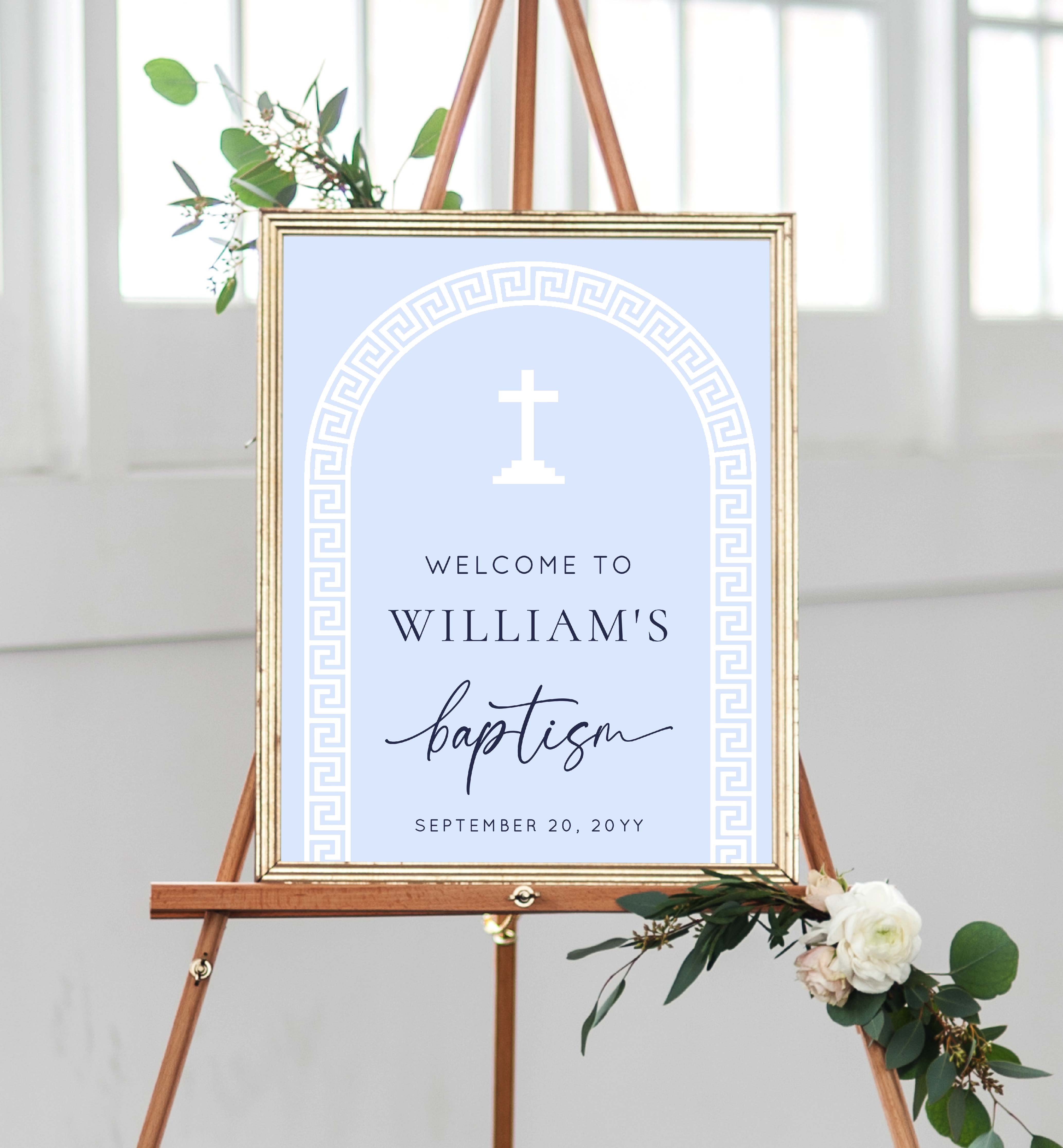 GRK-BLW-3-B2923 - GREEK KEY - BLUE WHITE - BAPTISM WELCOME SIGN design preview