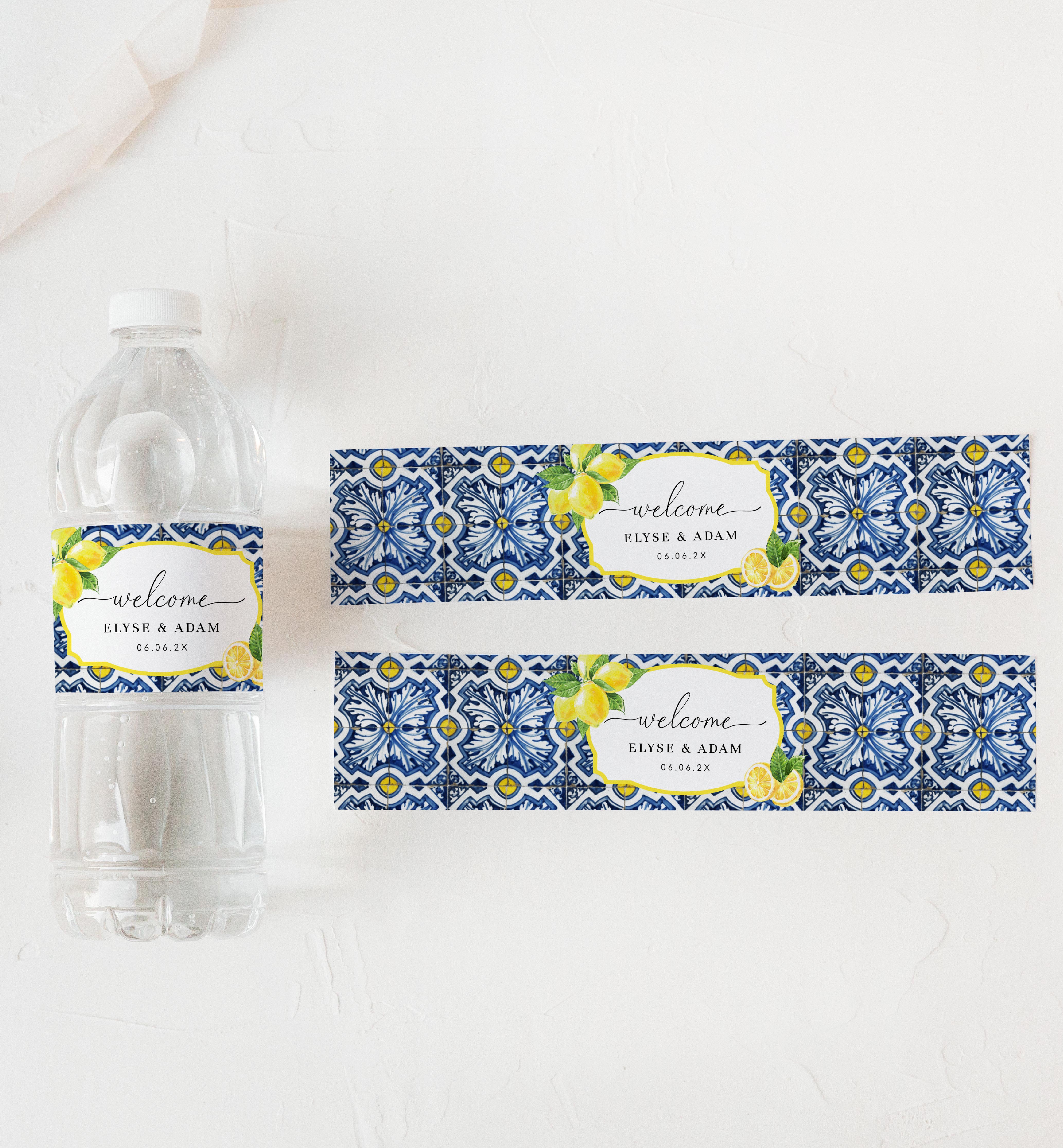 POS-BLY-6-B2341 - POSITANO BLUE TILE - LEMONS - WELCOME WATER BOTTLE LABEL design preview