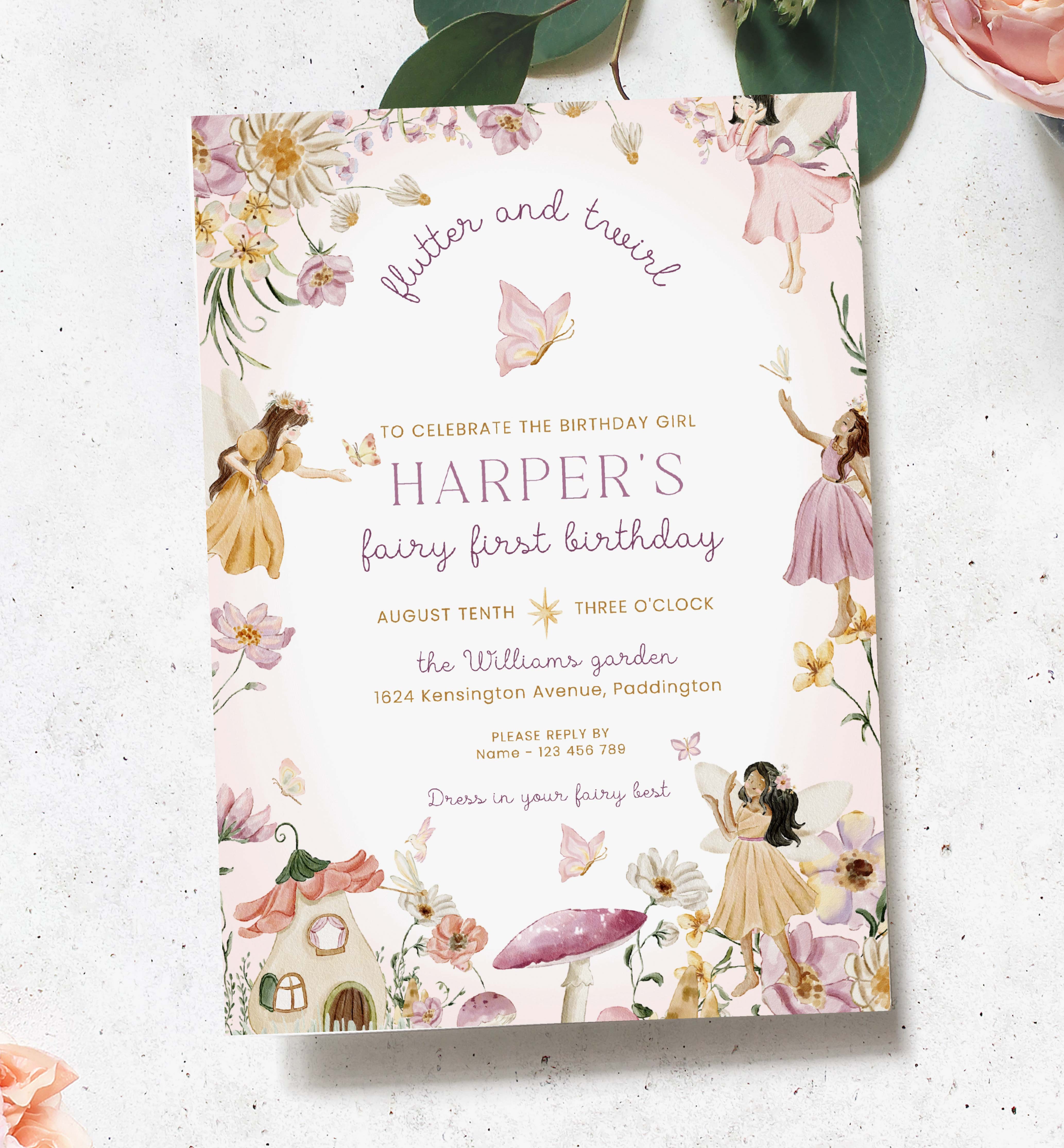 FAR-MLT-1-B2993 - FAIRY - MULTI - FIRST BIRTHDAY INVITATION design preview