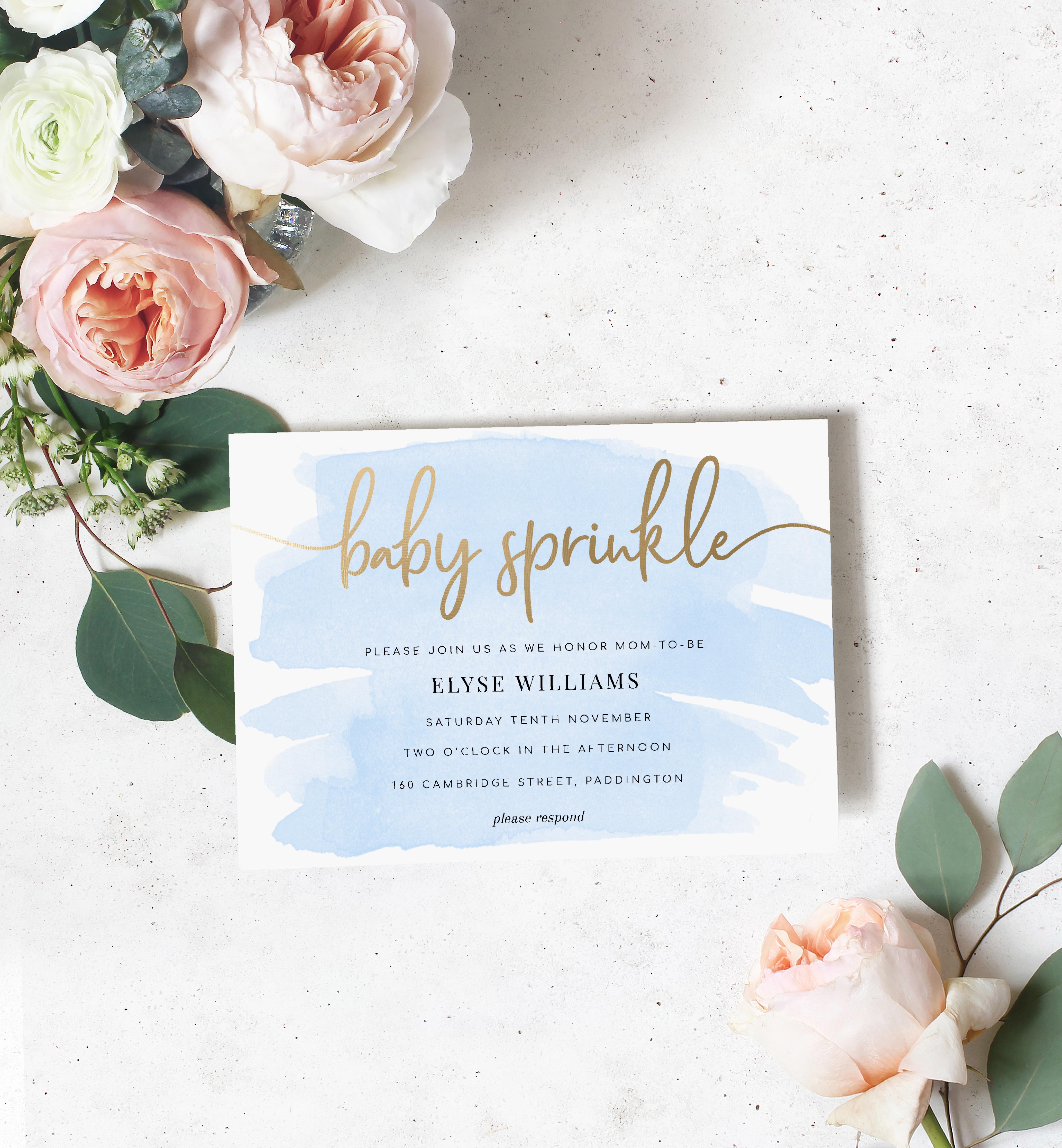 WAT-BLU-1-B257 - WATERCOLOUR BLUE - GOLD FOIL - BABY SPRINKLE INVITATION design preview