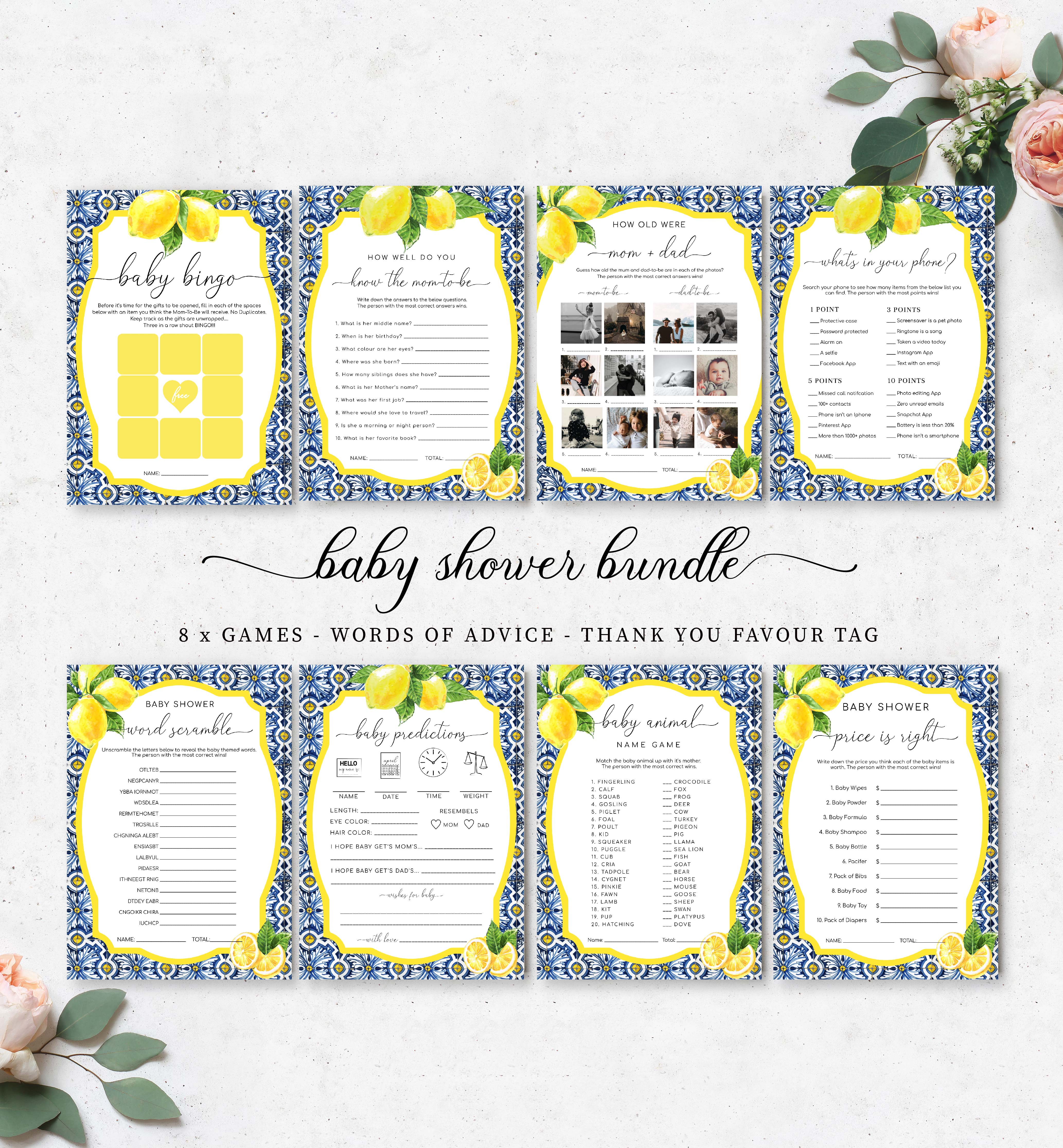 POS-BLY-10-B1389 - POSITANO BLUE TILE - LEMONS - BABY SHOWER GAME BUNDLE design preview
