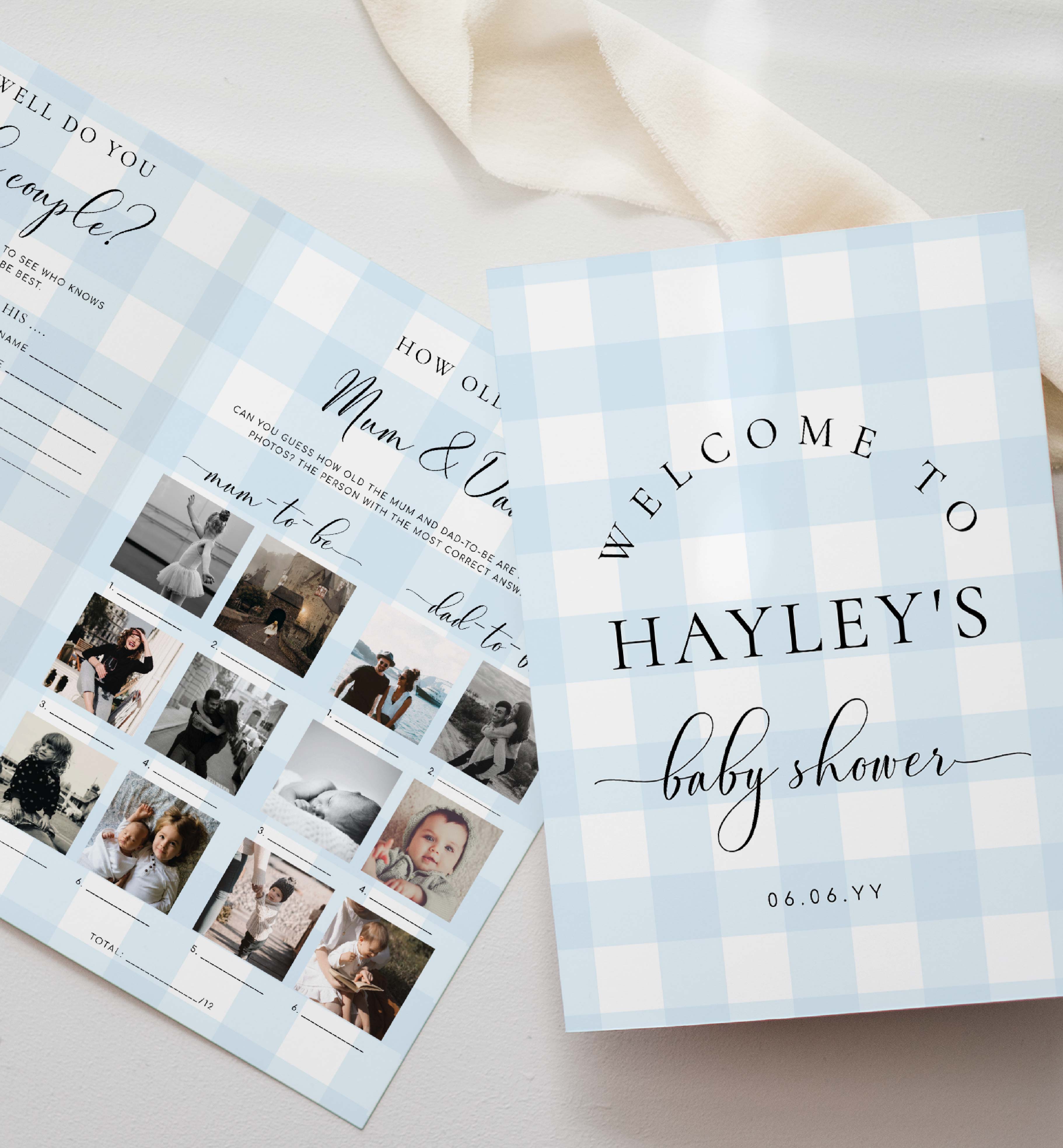 GIN-BLU-10-B3102 - GINGHAM - BLUE - BABY SHOWER GAME & MENU BOOKLET design preview