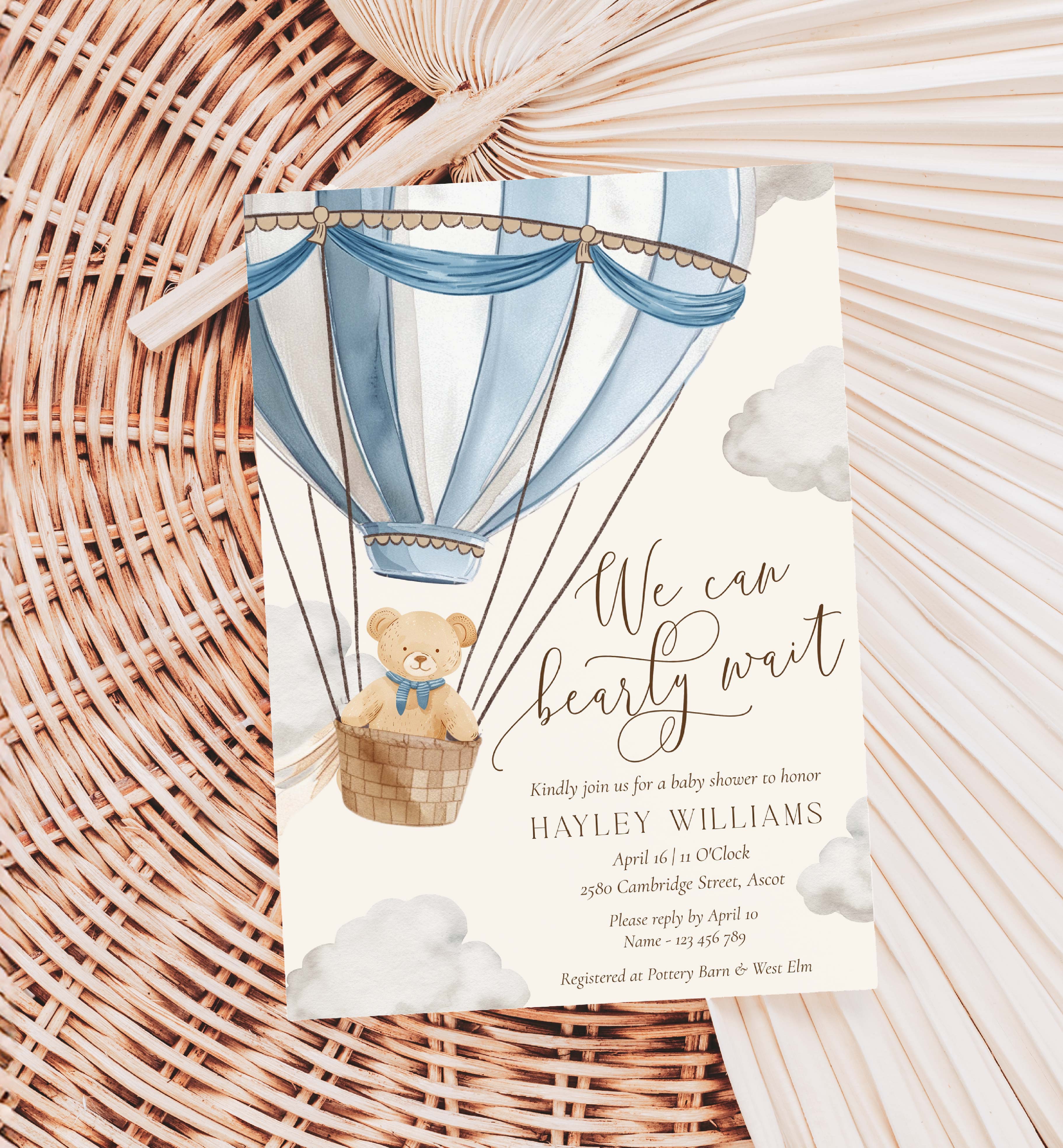 BER-BLU-1-B3544 - BEARLY WAIT - BLUE - BABY SHOWER INVITATION design preview