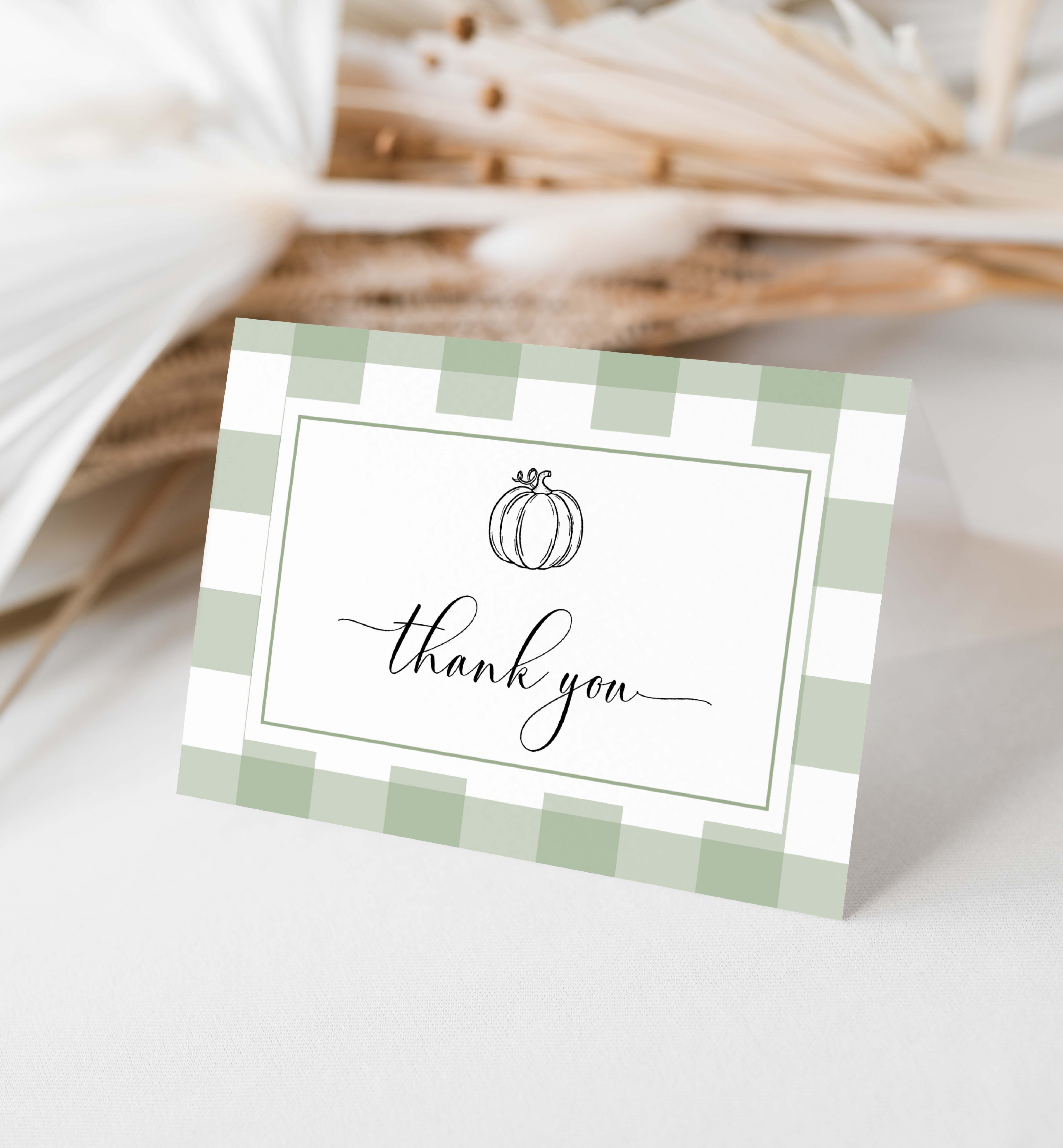 GIN-SGR-8-B2985 - GINGHAM - SAGE GREEN PUMPKIN - THANK YOU CARD design preview