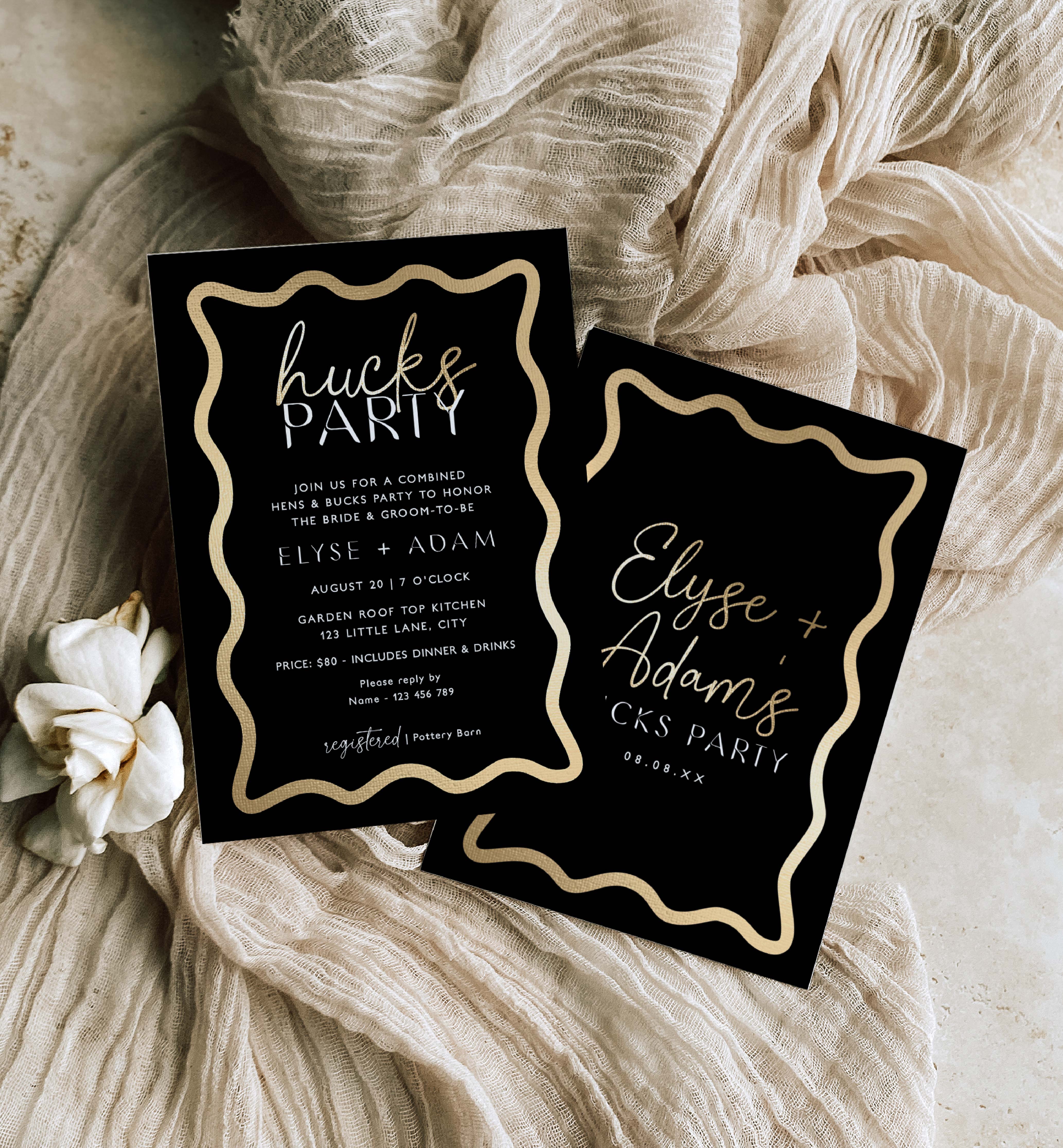WAV-BKG-1-B2700 - WAVE - BLACK GOLD - HUCKS PARTY INVITATION design preview