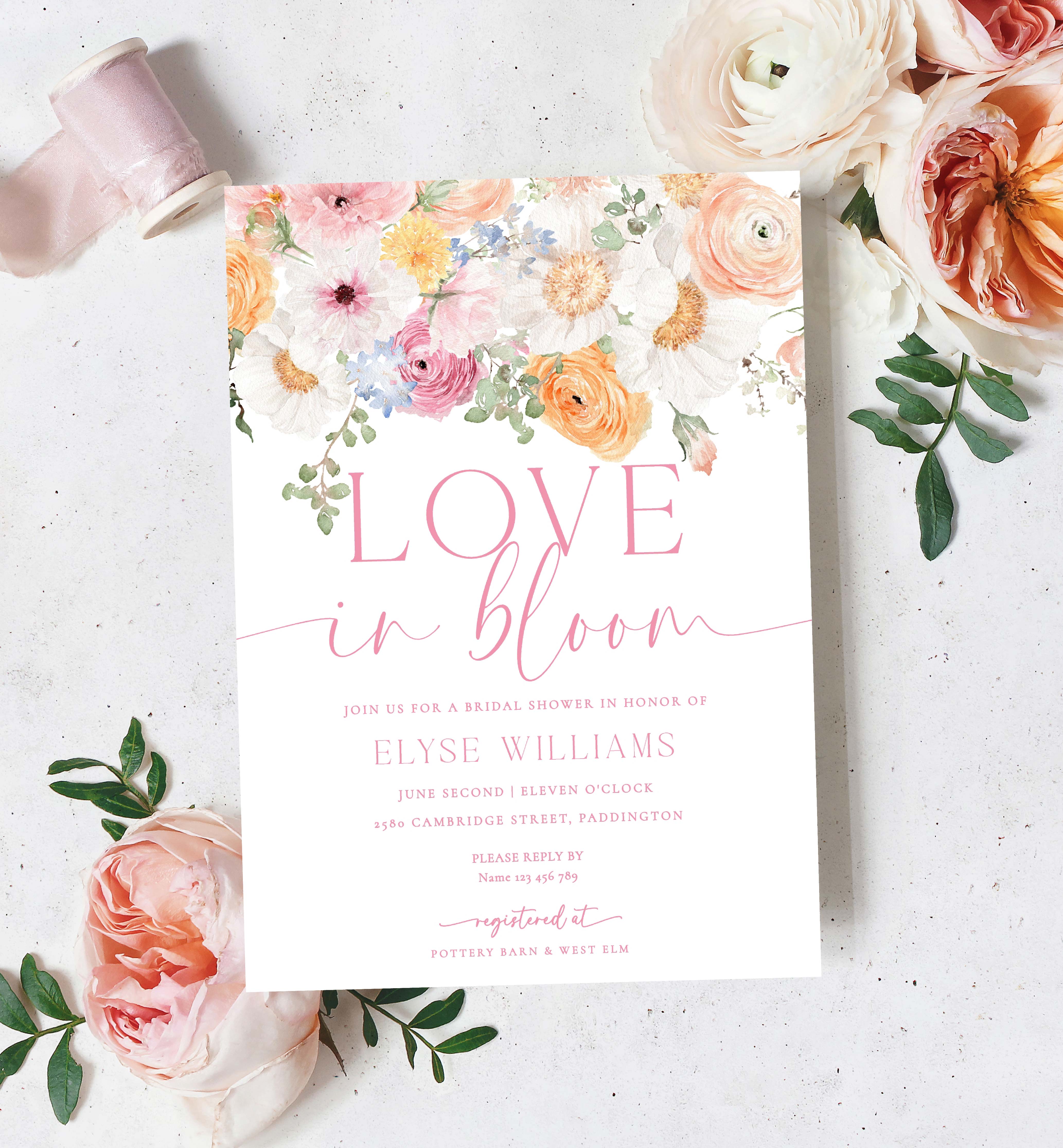 MIL-WHT-1-B3092 - MILLIE FLORAL - WHITE - LOVE IN BLOOM BRIDAL SHOWER INVITATION design preview