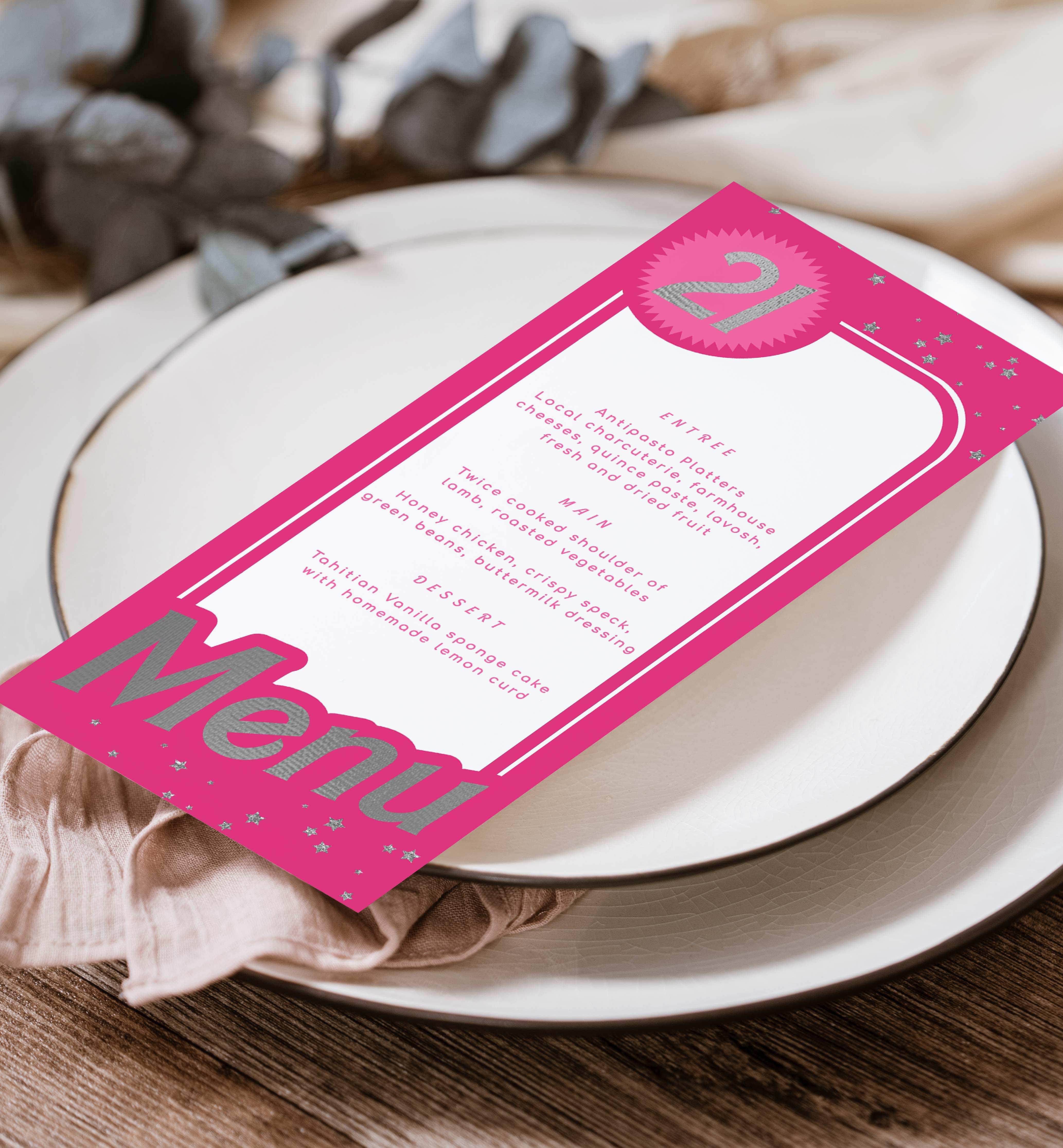 BAR-HPK-12-B2609 - BARBIE PARTY - HOT PINK SILVER - MENU design preview