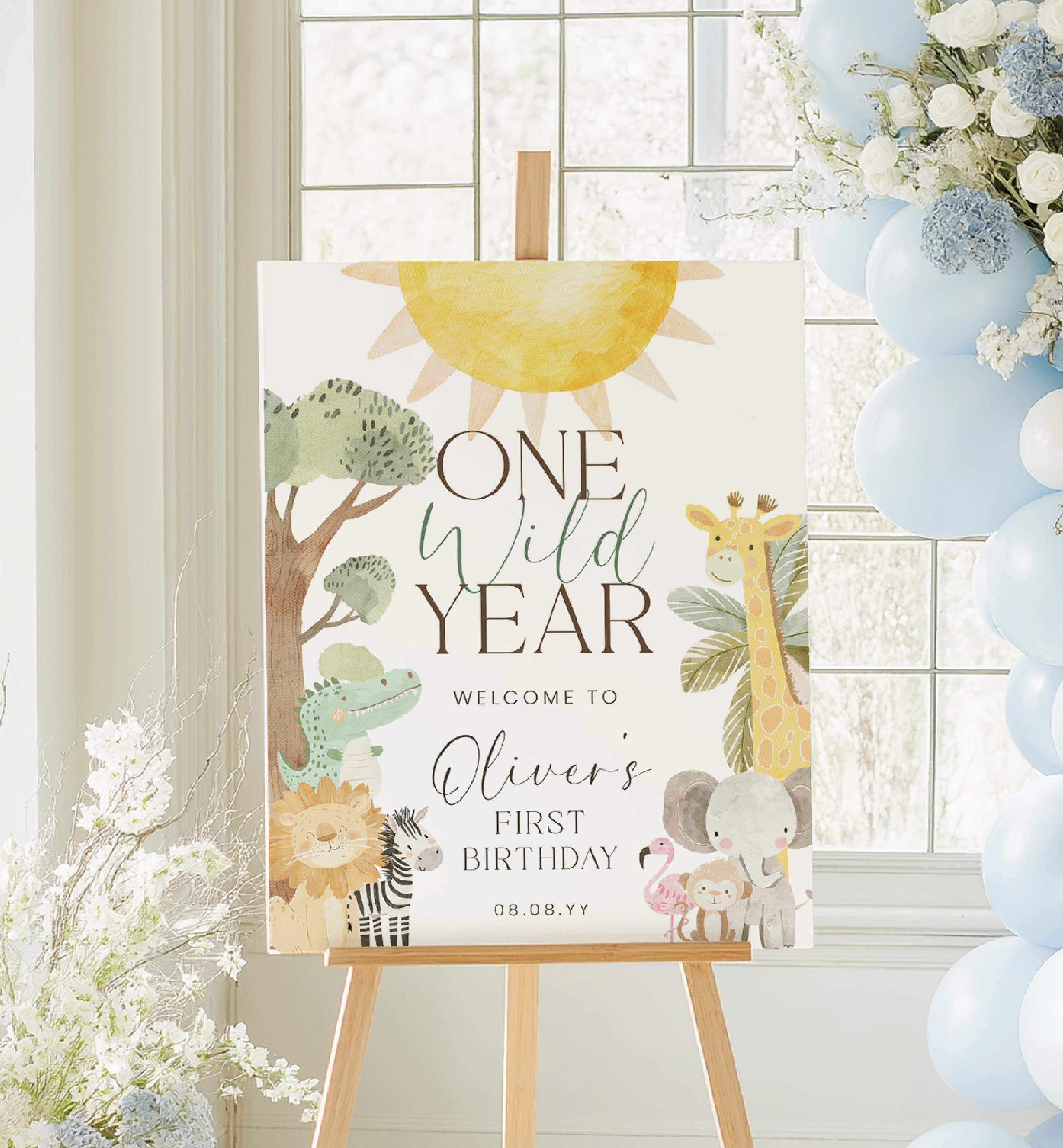 NYS-WHT-3-B3732 - NYALA SAFARI - WHITE - ONE WILD YEAR WELCOME SIGN design preview