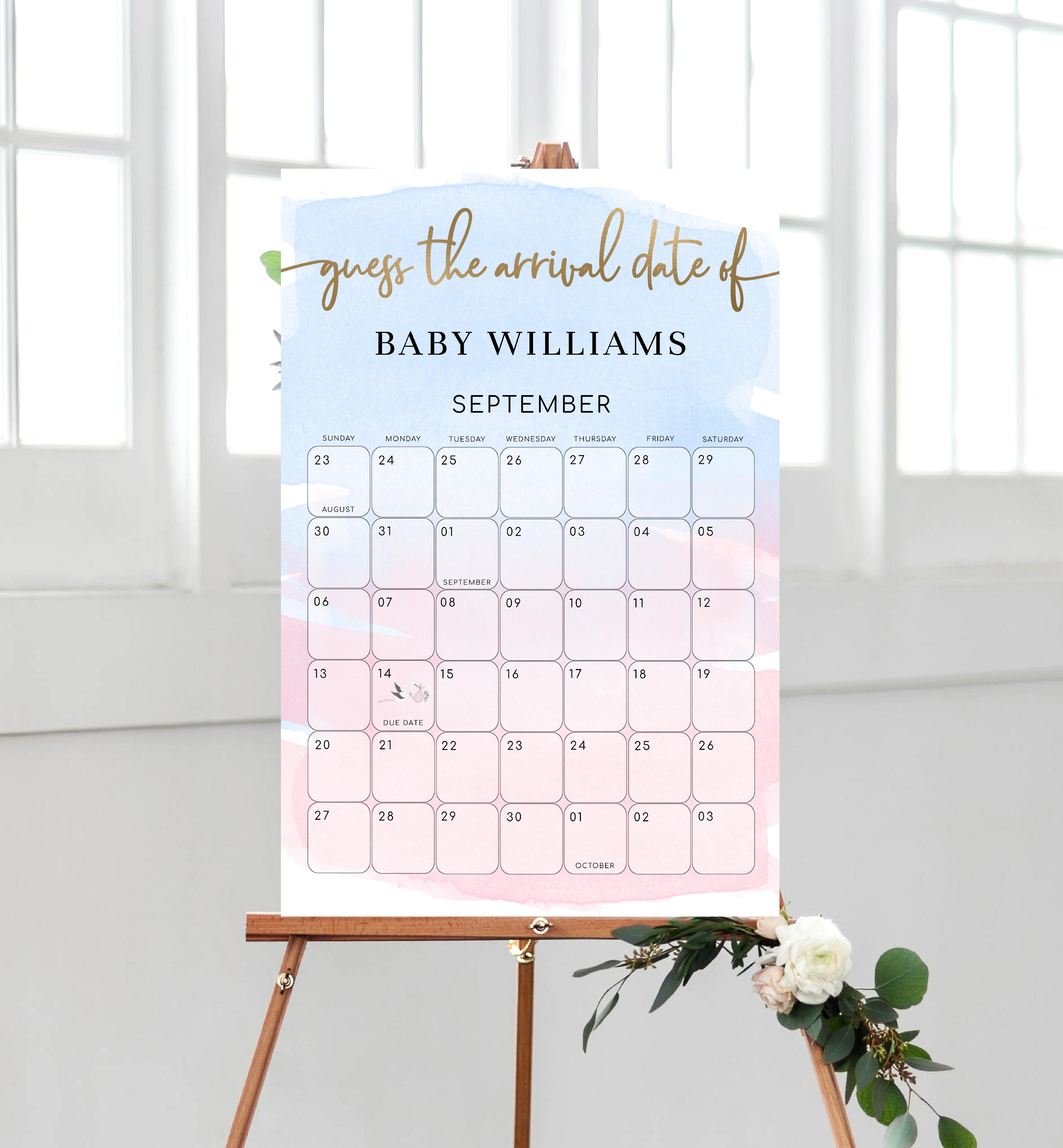 WAT-PNB-10-B1602 - WATERCOLOUR PINK BLUE - GOLD - GUESS THE ARRIVAL DATE SIGN design preview
