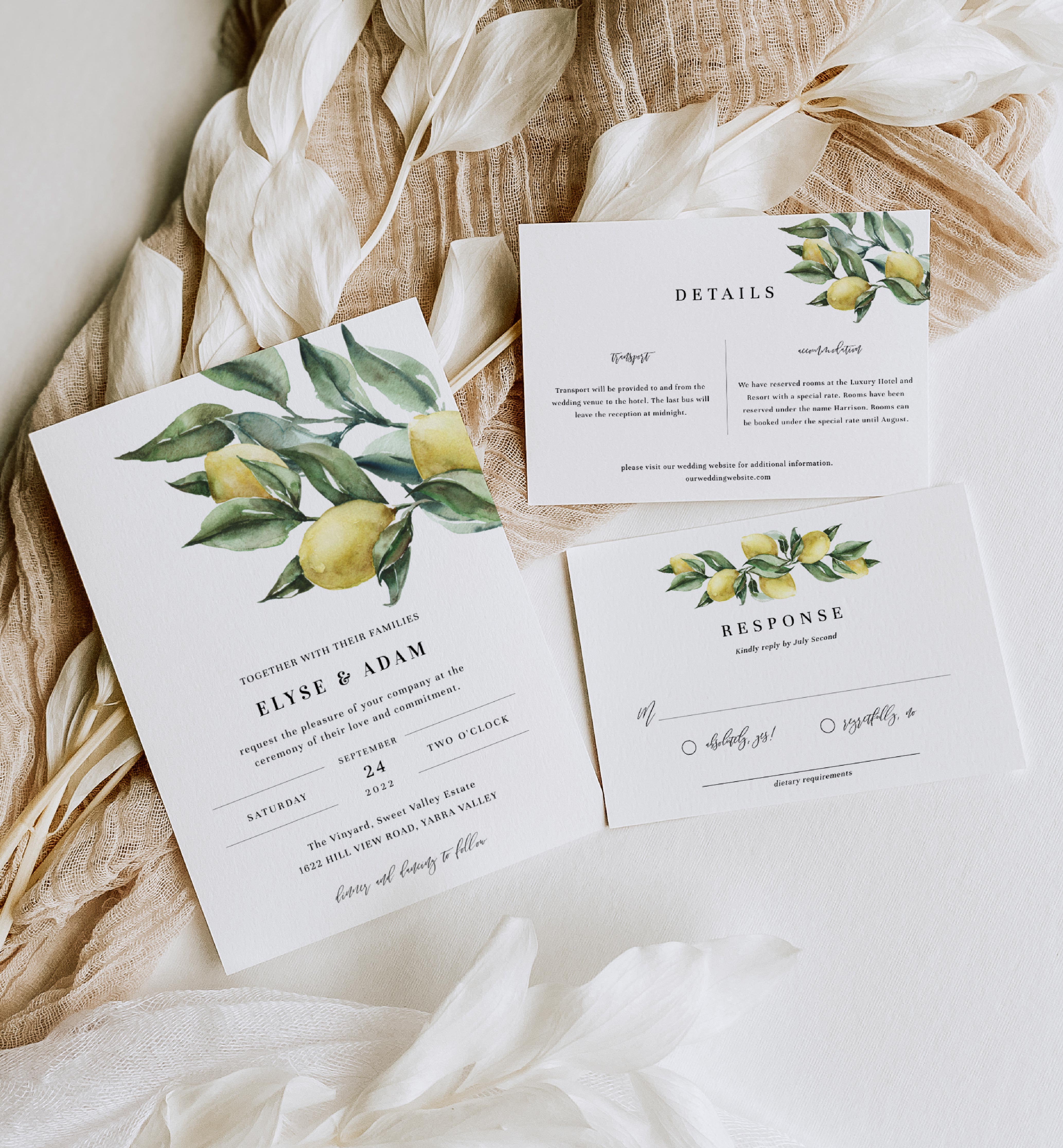 TUL-YEL-1-B755 - TUSCAN LEMONS - YELLOW - WEDDING INVITATION SUITE design preview