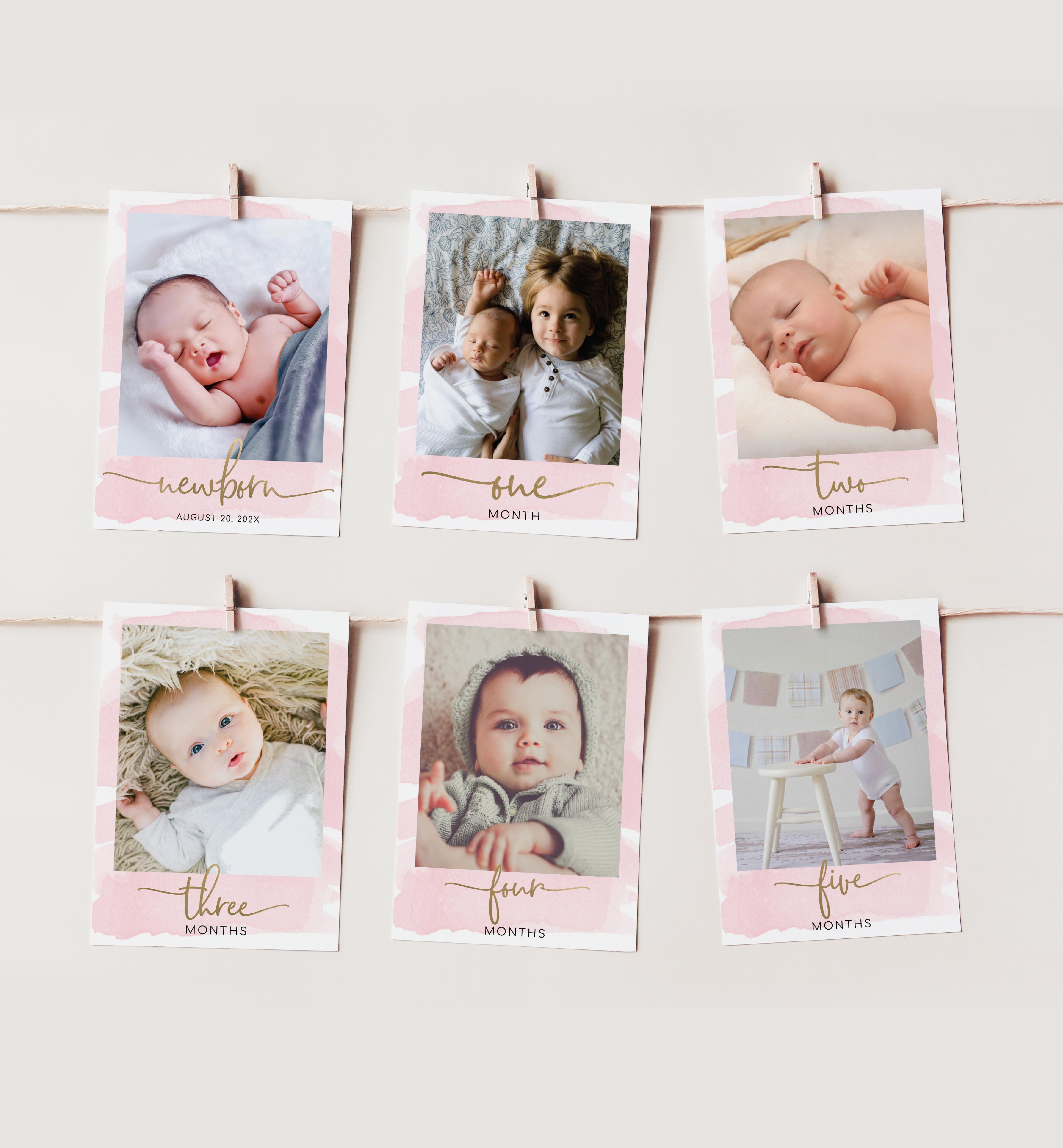 WAT-PNK-7-B2373 - WATERCOLOUR PINK - GOLD - PHOTO TIMELINE BANNER CARDS design preview